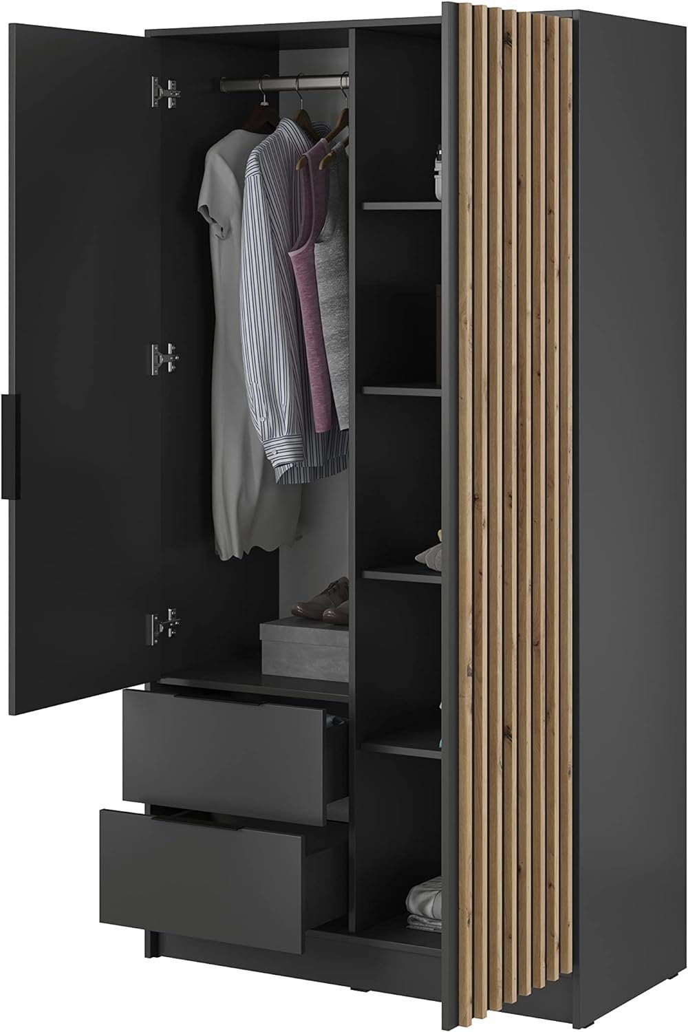 MOEBLO Kleiderschrank JOHN (Latten aus Holz, Loft Stil IndustrieSchrank Aufbewahrungsschrank (Spannstange) mit Regalböden Spannstange & 2 Schubladen, Industrieschrank für Schlafzimmer, Schlafzimmerschrank mit 2/3/4 drehbaren Türen, 2 Schubladen)