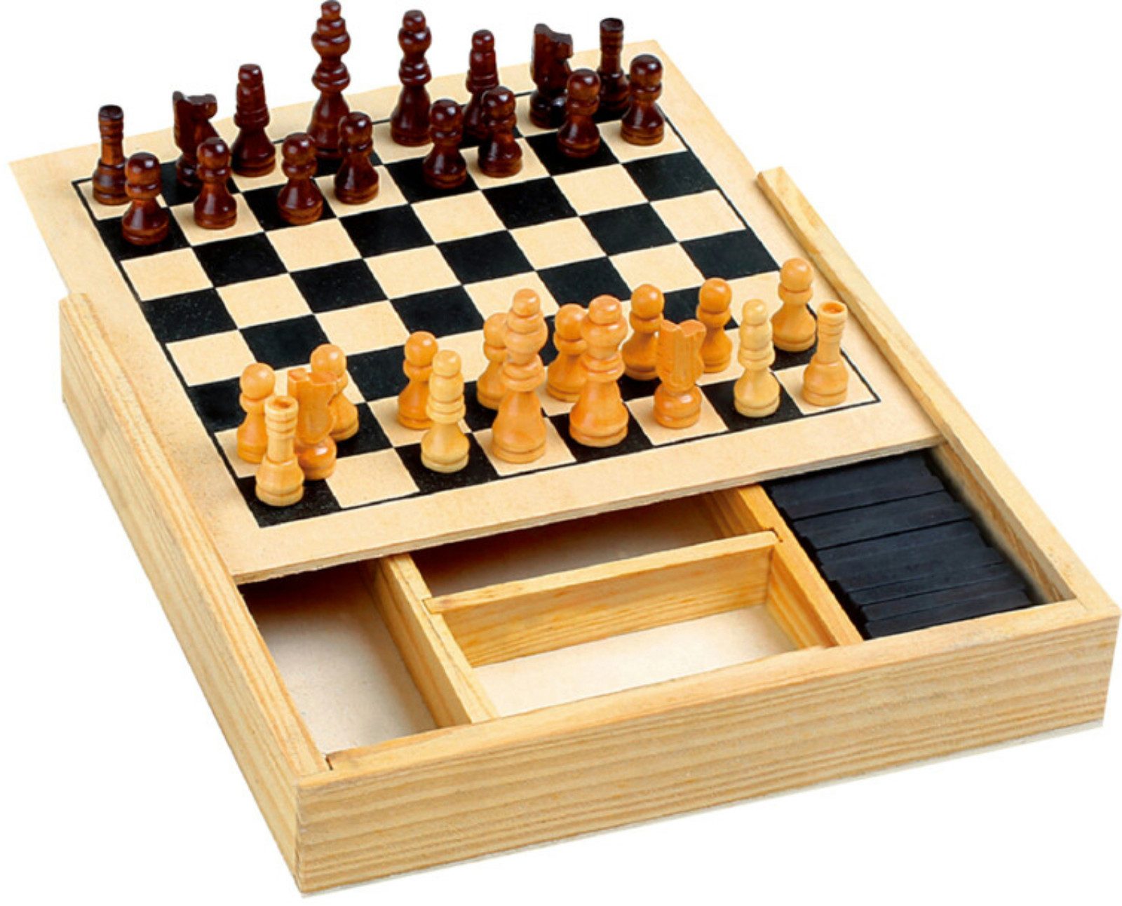 Koopman Spielesammlung Gesellschaftsspiel Holzspiel 17x17 cm Holzkiste Familienspiel Set, 4-in-1, Mikado, Spieleset, Schach, Dame Domino