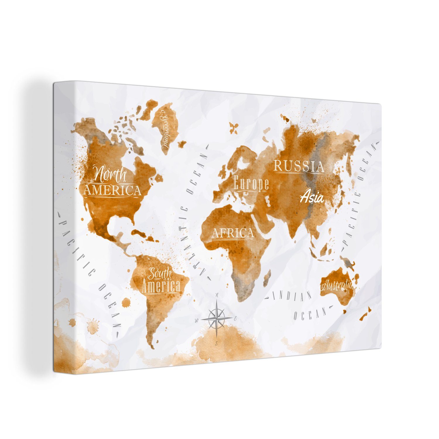 OneMillionCanvasses® Leinwandbild Karte - Gold - Welt, (1 St), Wandbild Leinwandbilder, Aufhängefertig, Wanddeko, 30x20 cm