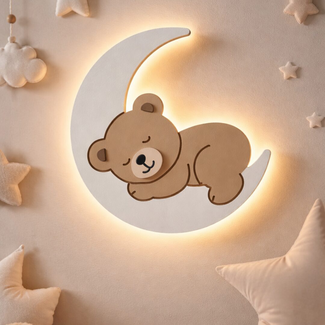 COZYCOLLECTIONS LED Wandleuchte LED-Wandnachtlicht Schlafender Bär auf Mond 36 cm,Beige, LED, Warmweiß, Montessori-inspiriertes Mond-Nachtlicht in 5 Farbvarianten