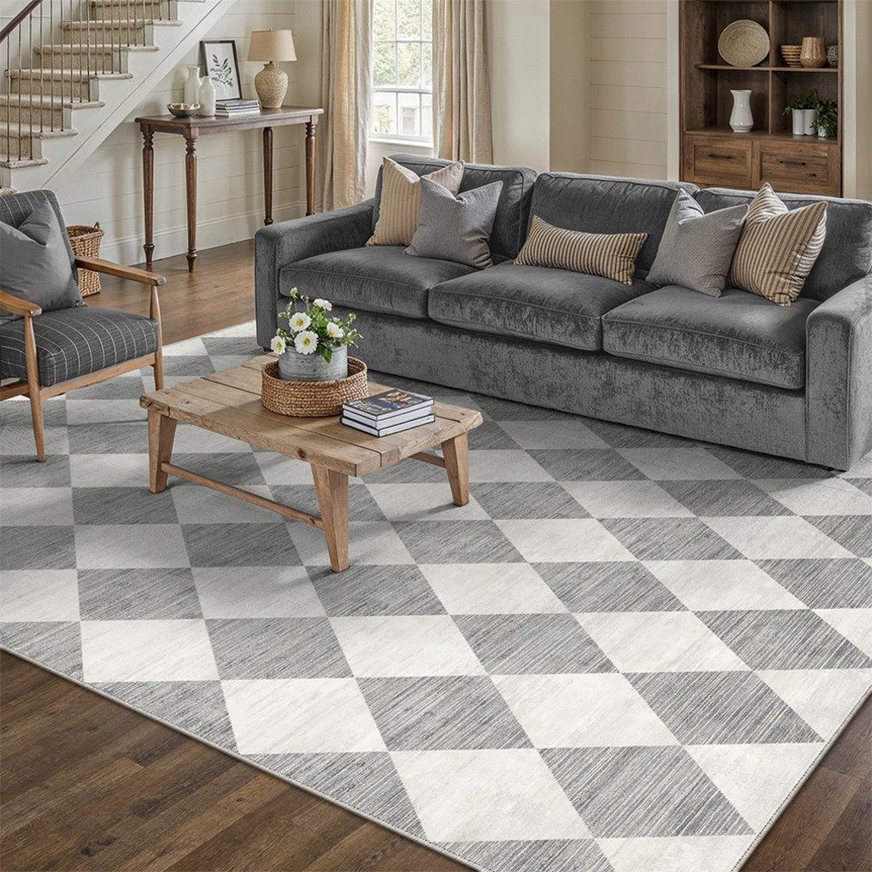 PURECOZY Teppich Kurzflor, Moderner karierter Teppich, waschbar und rutschfest, rechteckig, Höhe: 6.1 mm, geeignet für verschiedene Innenräume