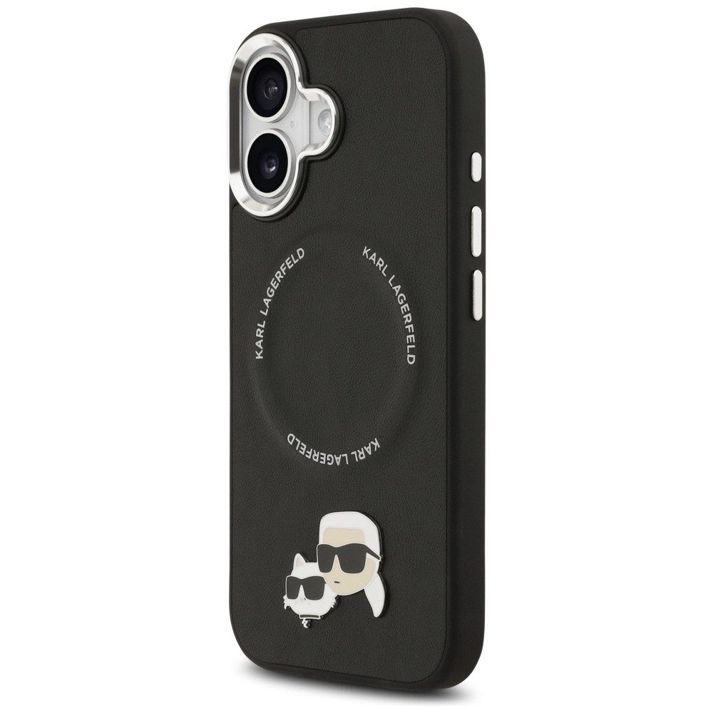 KARL LAGERFELD Handyhülle iPhone 17 MagSafe Kunstleder Metall Pin schwarz 6,3 Zoll, Kantenschutz