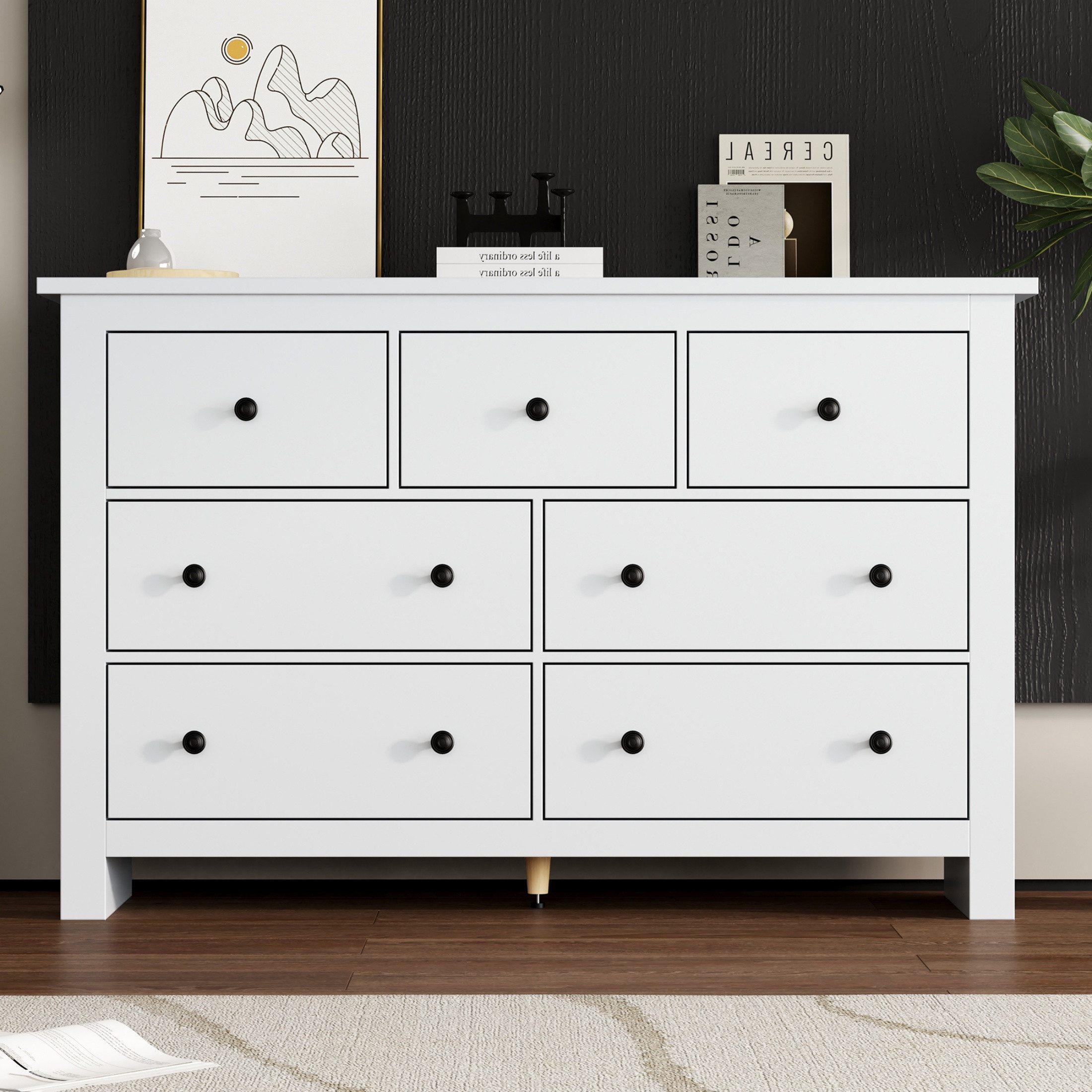 autolock Kommode Sideboard Buffet mit 7 Schubladen, große Kapazität Esszimmerschrank (152 × 40 × 89 cm), weiß Anrichte Küchenschrank für Eingang, Küche, Esszimmer & Wohnzimmer
