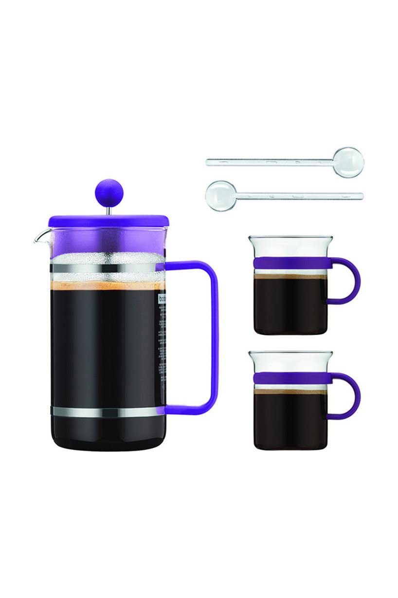Bodum Френч преси Kanne Bistro, silberner Permanentfilter, Set, 2 Glastassen mit 0,2 Liter, 2 Kaffeelöffel aus Kunststoff