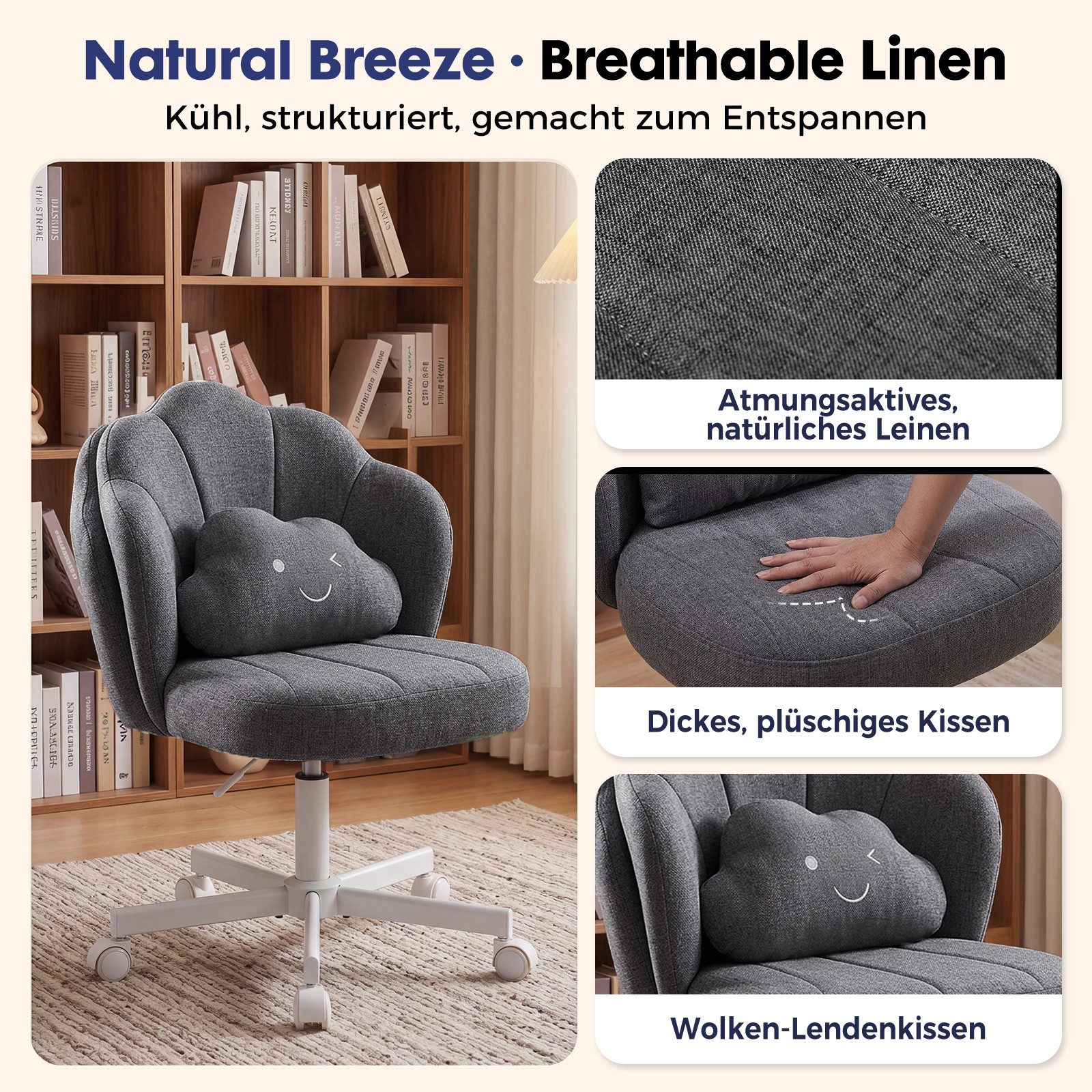 COMHOMA Bürostuhl Schminkstuhl Homeoffice Stuhl, Schreibtischstuhl Drehstuhl mit Rrollen, höhenverstellbar,für Schminktisch,Arbeitszimmer, Schlafzimmer,150kg