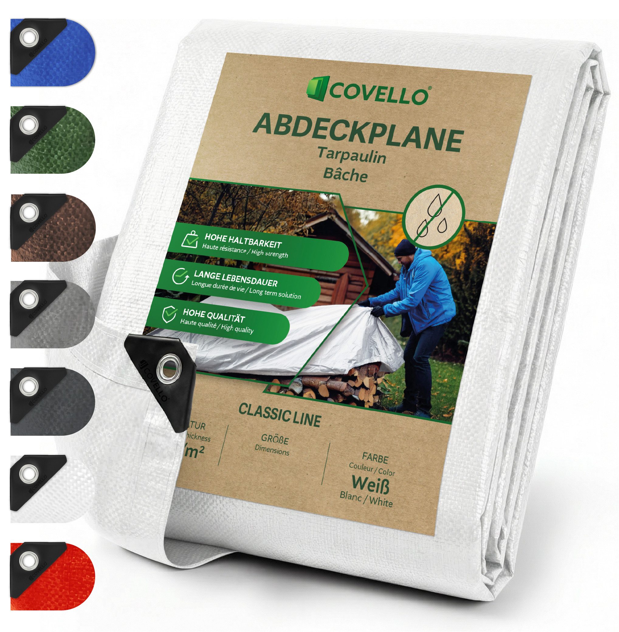 Covello Schutzplane 90g/m² weiß, Abdeckplane mit Ösen wasserdicht, Plane UV-stabilisiert in vielen verschiedenen Farben & Größen