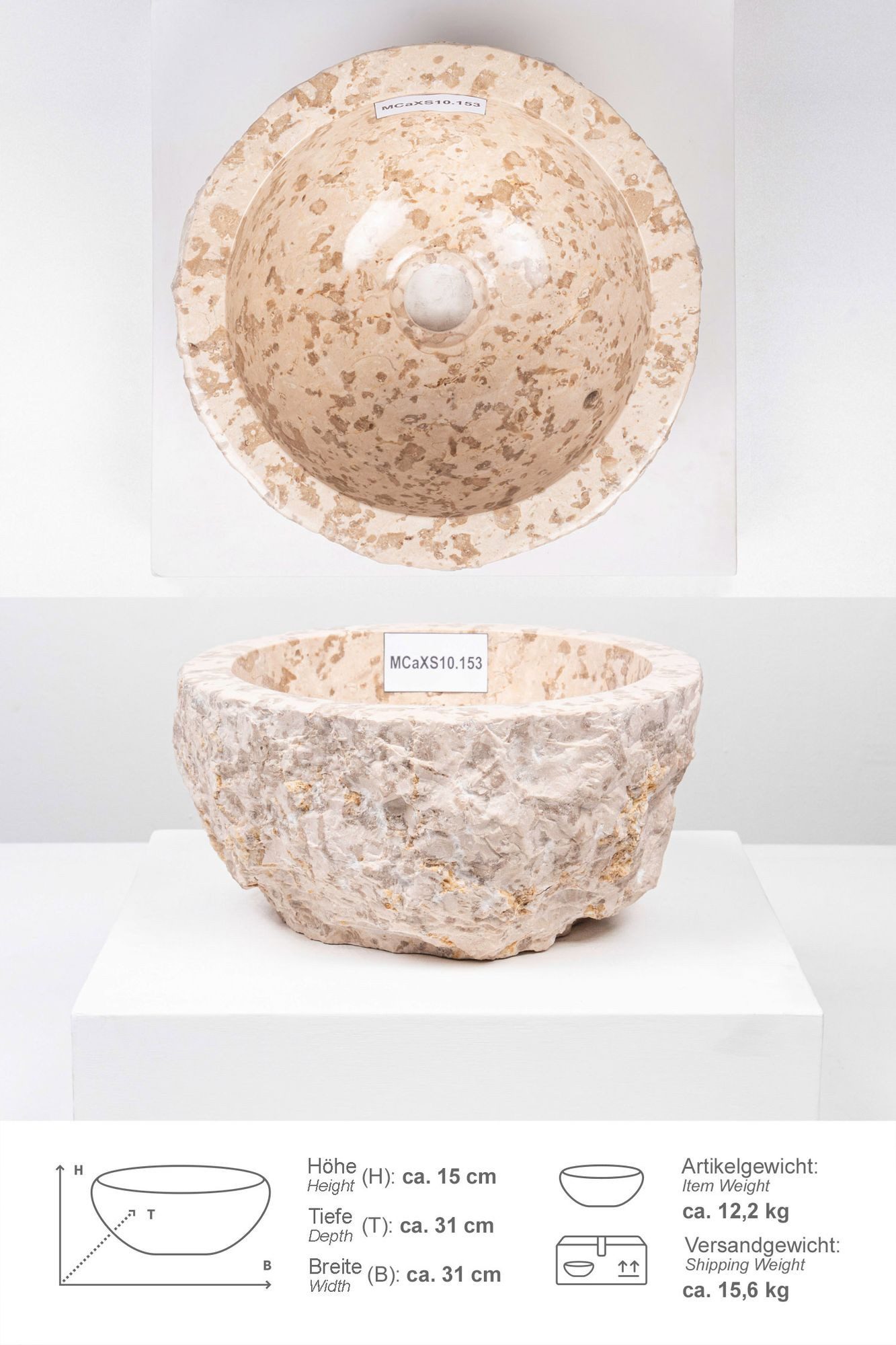 wohnfreuden Aufsatzwaschbecken Erosi Marmor Waschbecken 30 cm creme (Kein Set), 101659_MCaXS10.153