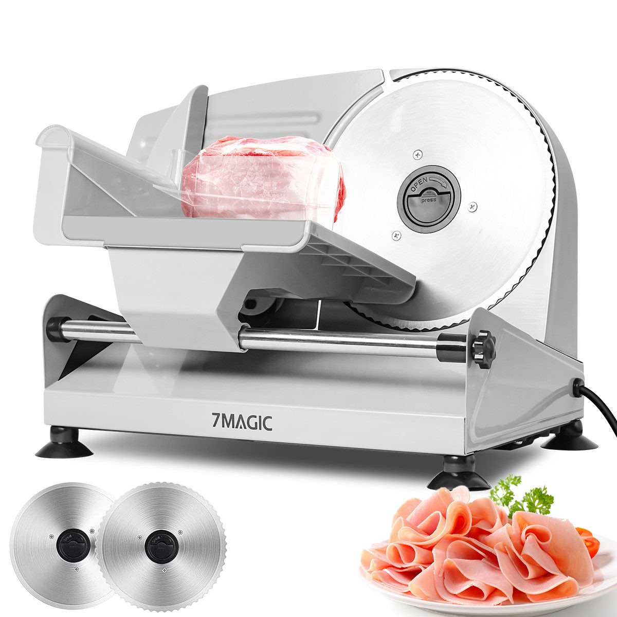 7MAGIC Слайсеры Elektrische Brotschneidemaschine mit Ø 190 mm Edelstahlmesser, 200,00 W, mit stufenlos einstellbarer Schnittstärke (0–15 mm), Metallgehäuse