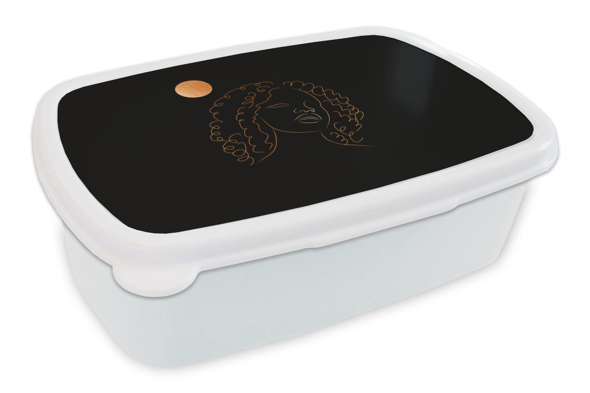 MuchoWow Lunchbox Frau - Mond - Strichzeichnung - Schwarz und Gold, Kunststoff, (2-tlg), Brotbox für Kinder und Erwachsene, Brotdose, für Jungs und Mädchen weiß