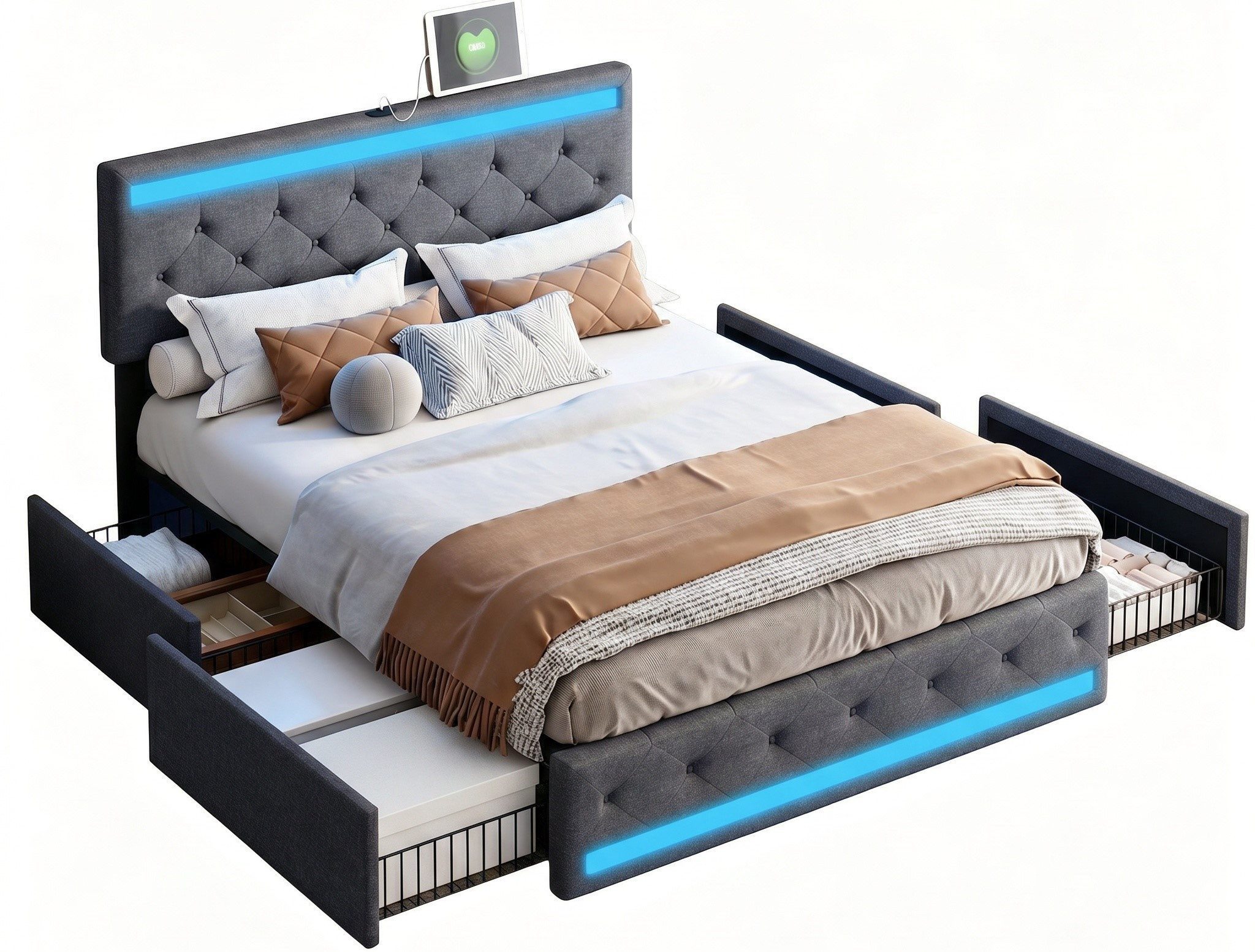 Furnishings Home Polsterbett Doppelbett Stauraumbett, Mit 4 Schubladen + LED + Anschluss (Set, Bett), Mit LED-Beleuchtung, USB & Type-C, Leinen, 180x200 cm – Bild 4 von 5