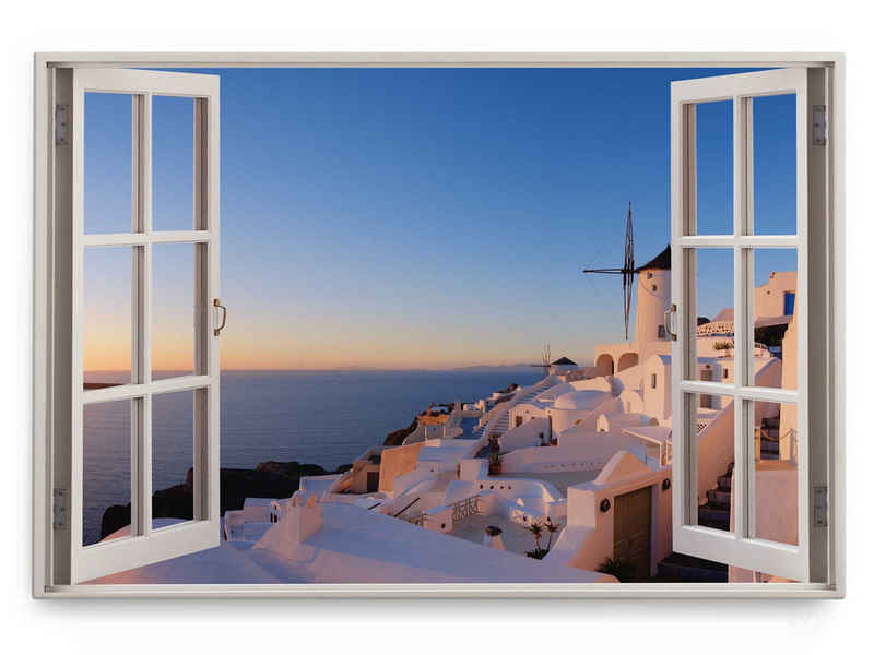 Sinus Art Leinwandbild Wandbild 120x80cm Fensterbild Griechenland Mittelmeer Blau Santorini S, (1 St)