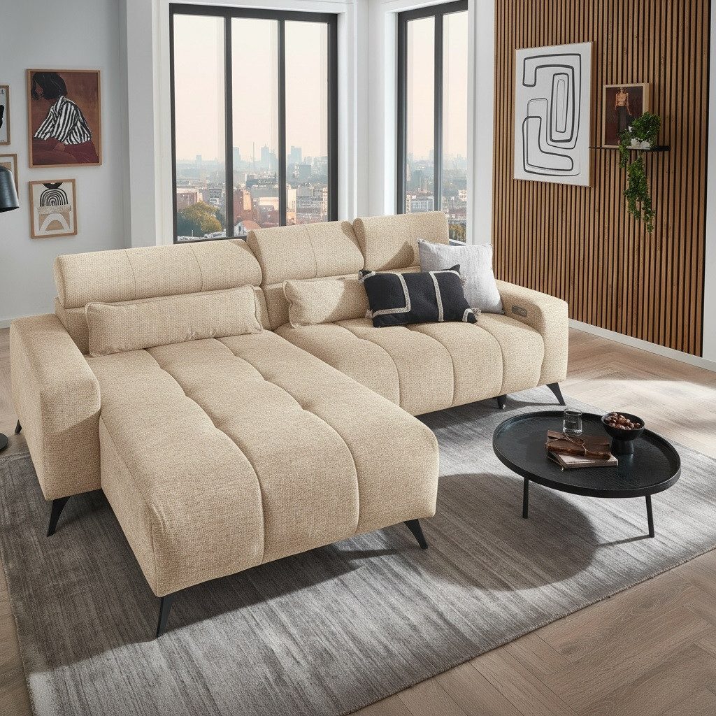freiraum Polstergarnitur Bali, elektr. Sitztiefenverstellung, Bezug beige - 267x95x185cm (BxHxT)