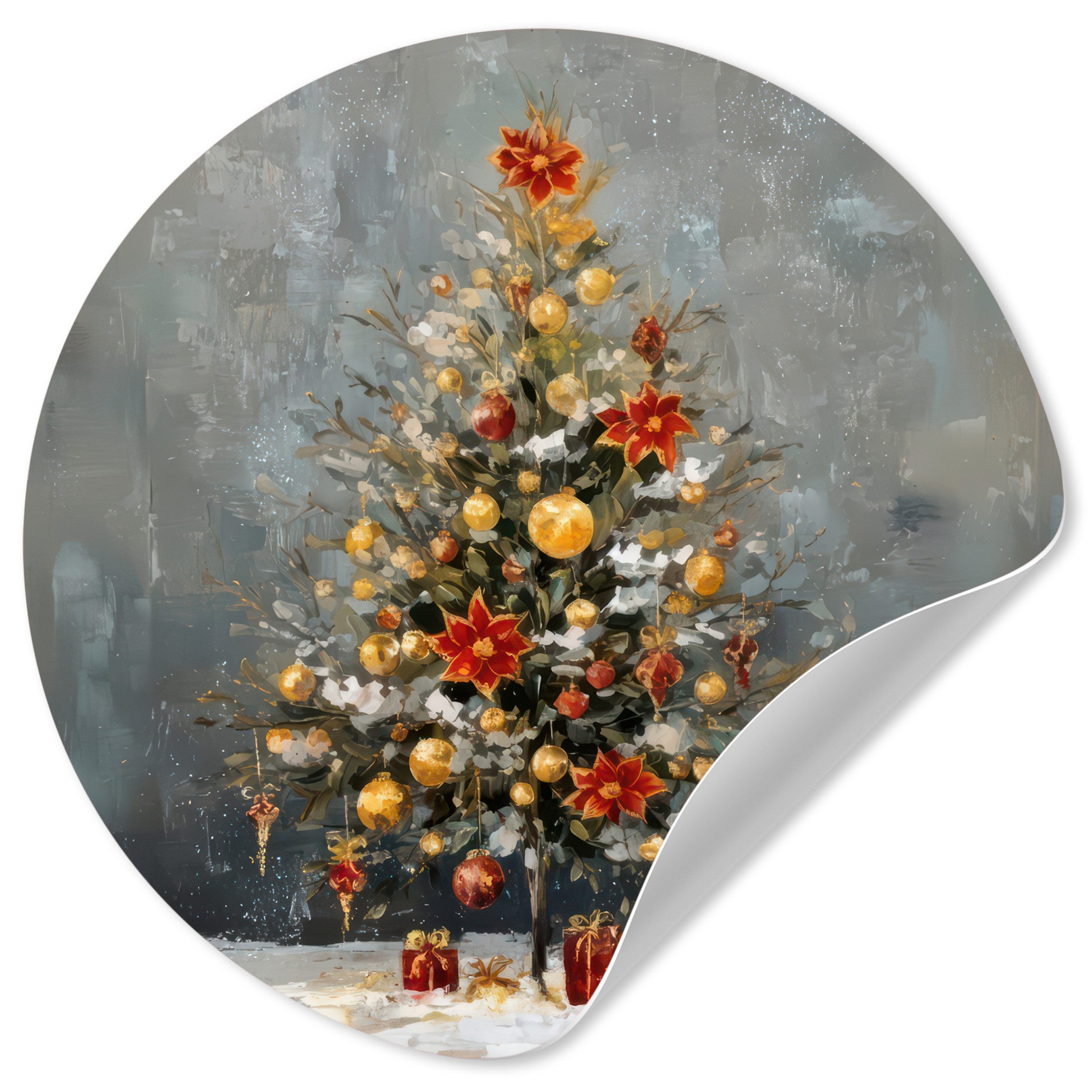 MuchoWow Wandsticker Weihnachtsbaum - Geschenke - Rot - Gold (1 St), Runde Aufkleber für Wohnzimmer, Selbstklebend, 100x100 cm