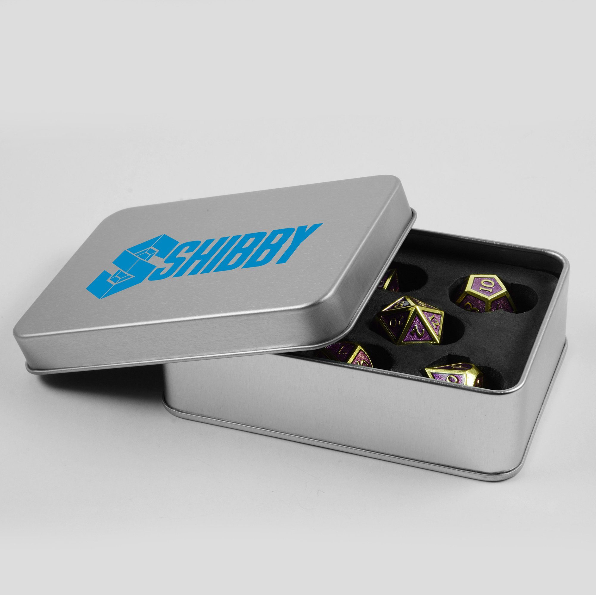 SHIBBY Spielesammlung, 7 polyedrische Metall-DND-Würfel Steampunk Aufbewahrungsbox in inkl. Optik, Gold/Lila