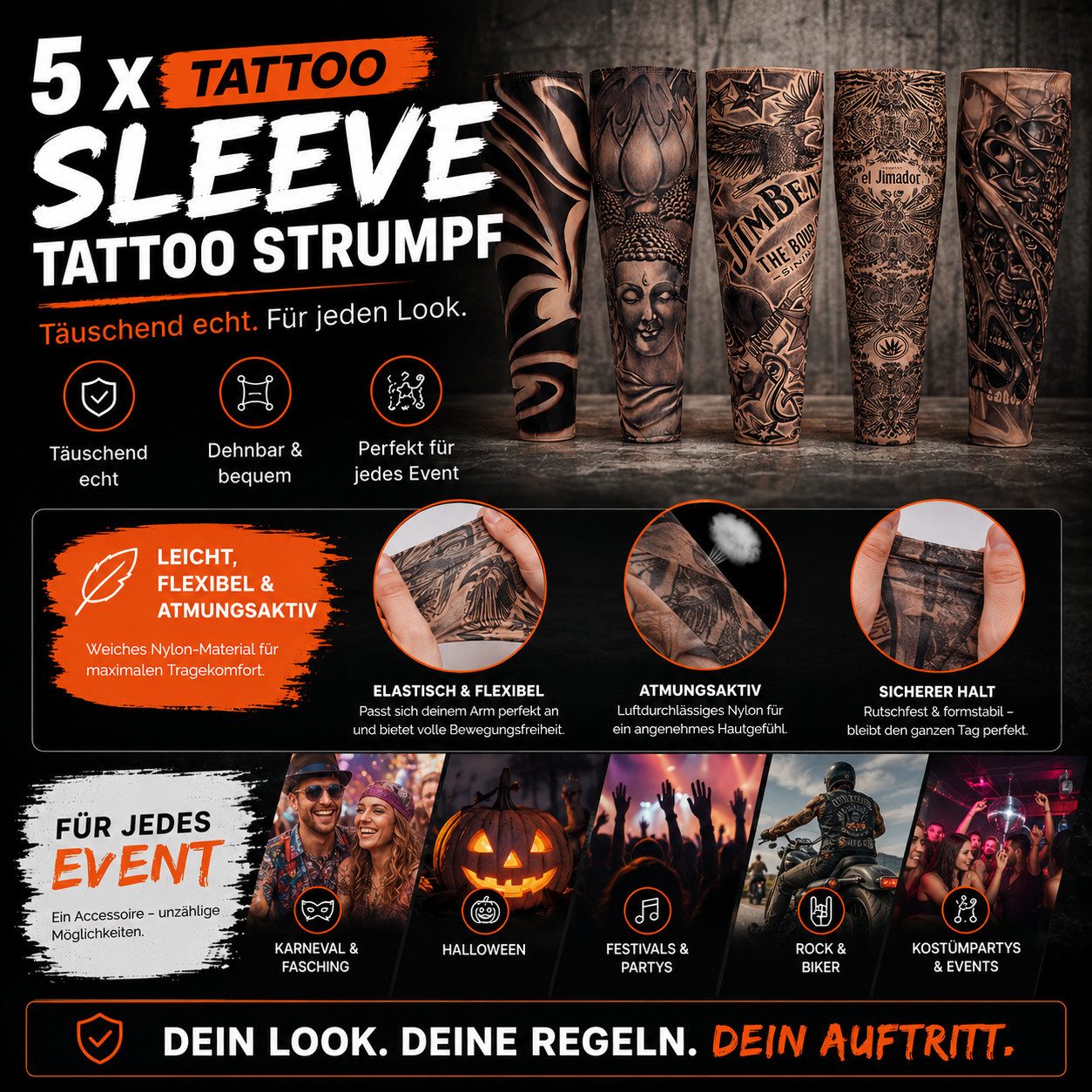 Kostümheld® Kostüm 5x Tattoo Ärmel Nylon Tattoo Sleeve Armstrumpf - Fasching / Halloween, Schnell überzuziehen
