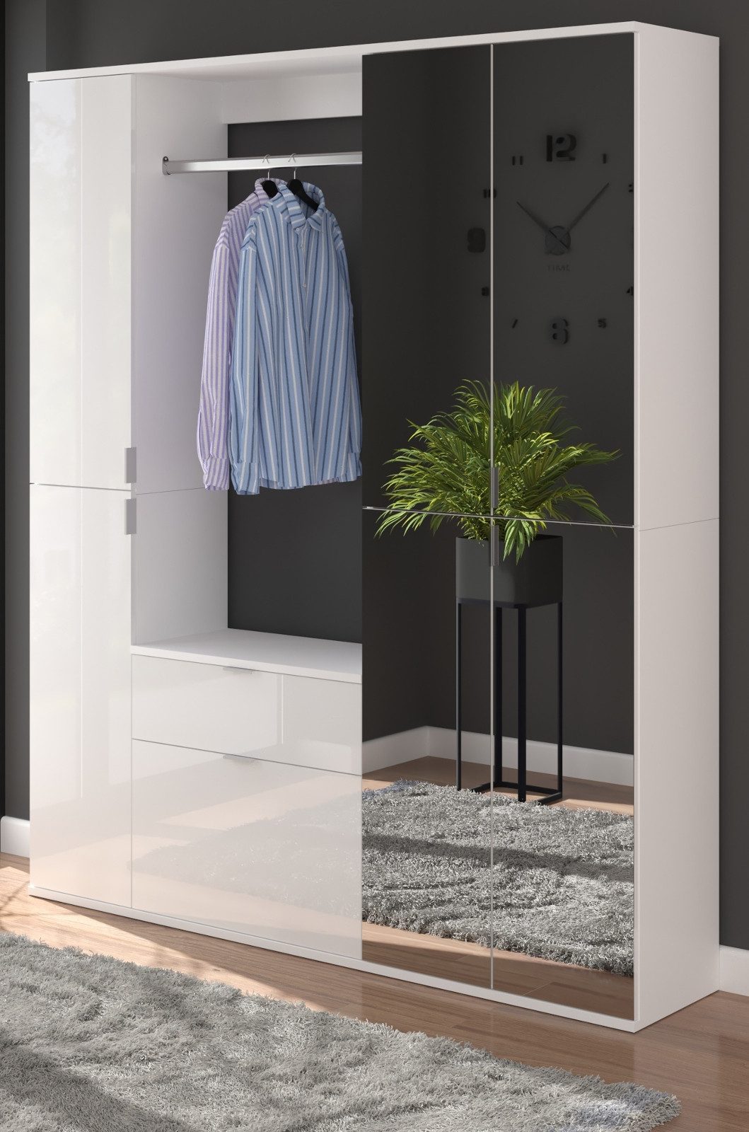 Inn.Furn Шкафы-Set SystemX, (Garderobe und Schuhschrank, weiß Hochglanz mit Spiegeltüren, 6-türig, 152 x 193 cm), Komplett-Set mit variabler Inneneinteilung
