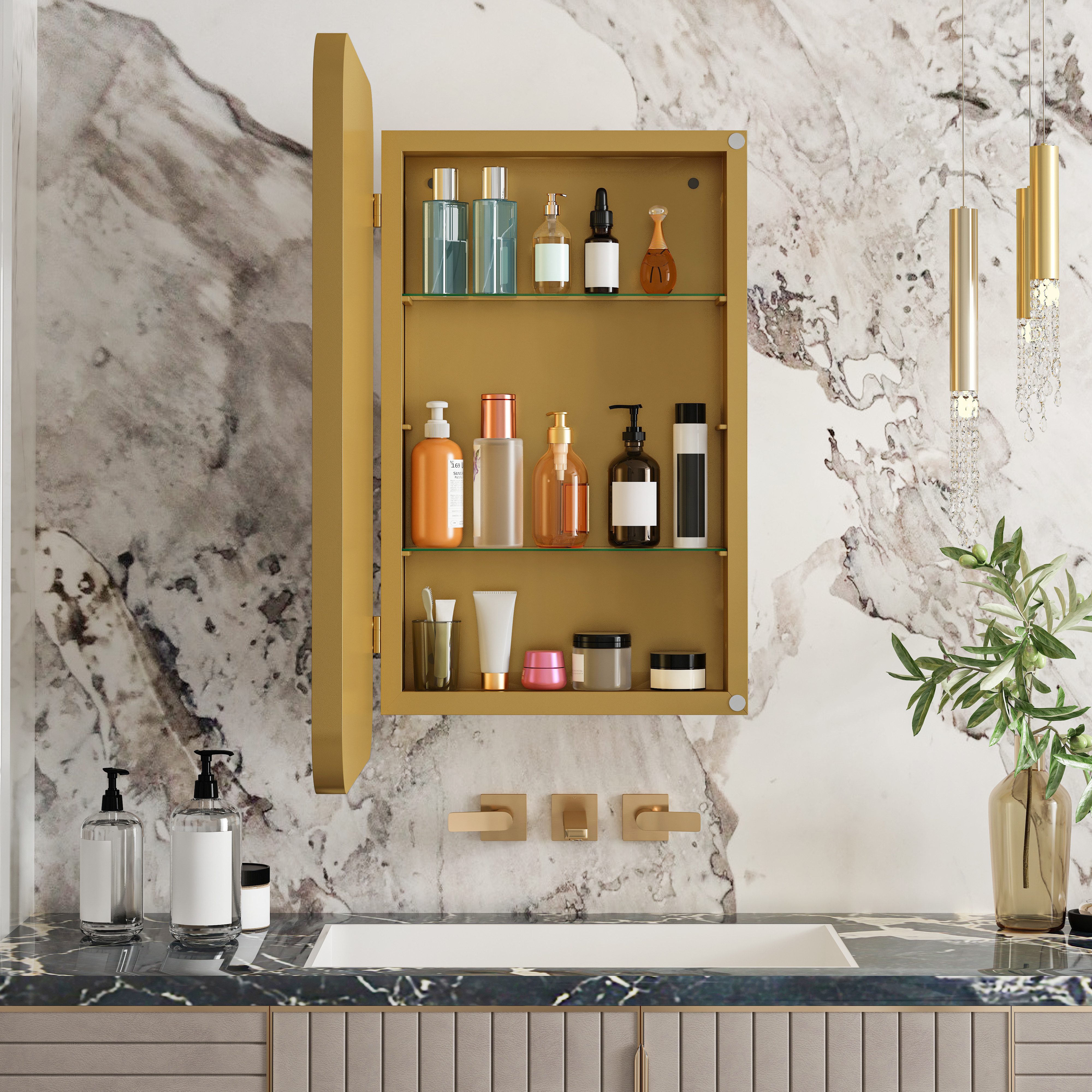 Celya Spiegelschrank Moderner Wand-Badezimmerschrank,Rechteckiger Spiegelschrank (für Bad, Wohnzimmer und Schlafzimmer, Spiegelschrank mit Stauraum) Metallrahmen-Schrank mit Spiegel & einstellbaren Shelves,Gold