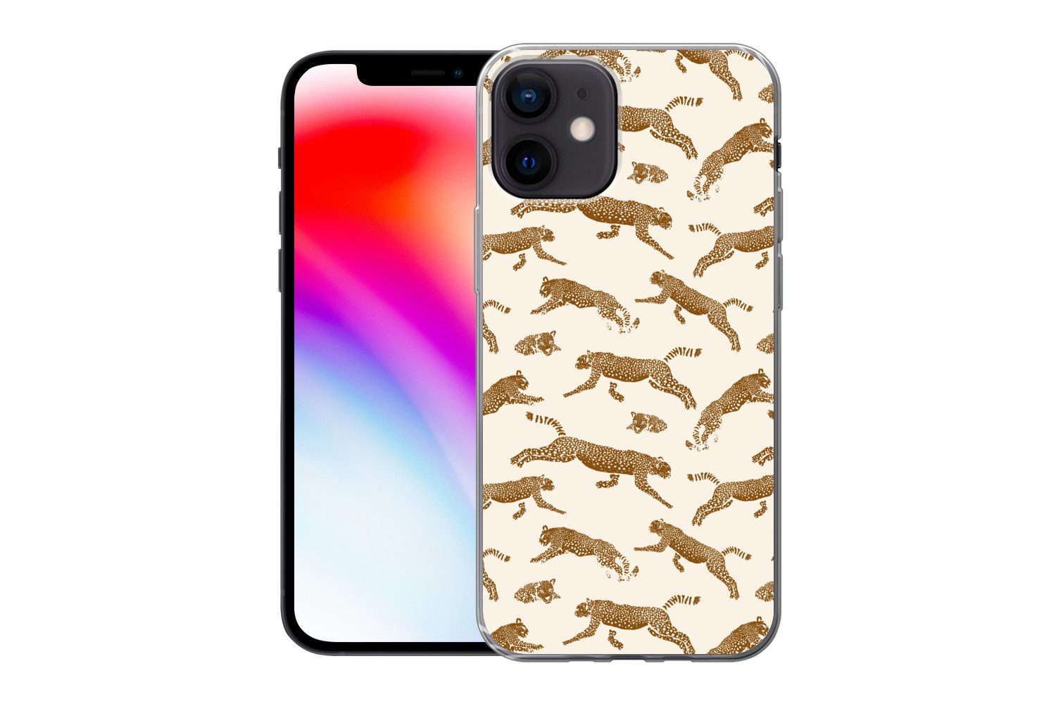 MuchoWow Handyhülle für Apple iPhone 12 Panther - Tiere - Beige - Braun - Muster, Smartphone-Bumper, Print, Handy Schutzhülle Dünn