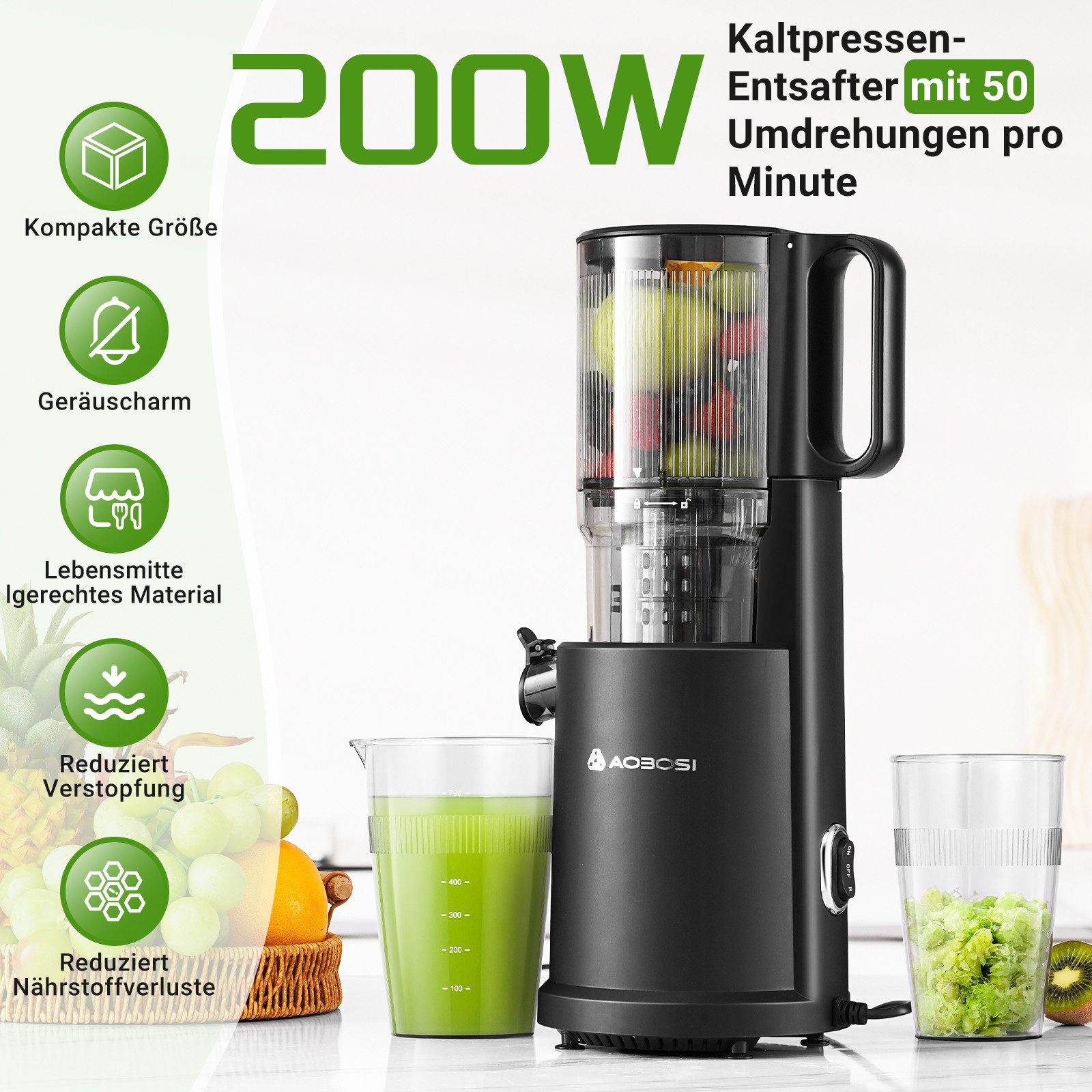 AMZCHEF Slow Juicer CE-ZM19OT07B-BK, 220 W, Slow Juicer mit 126MM Breite und mit 2 Gläsern – Bild 5 von 5