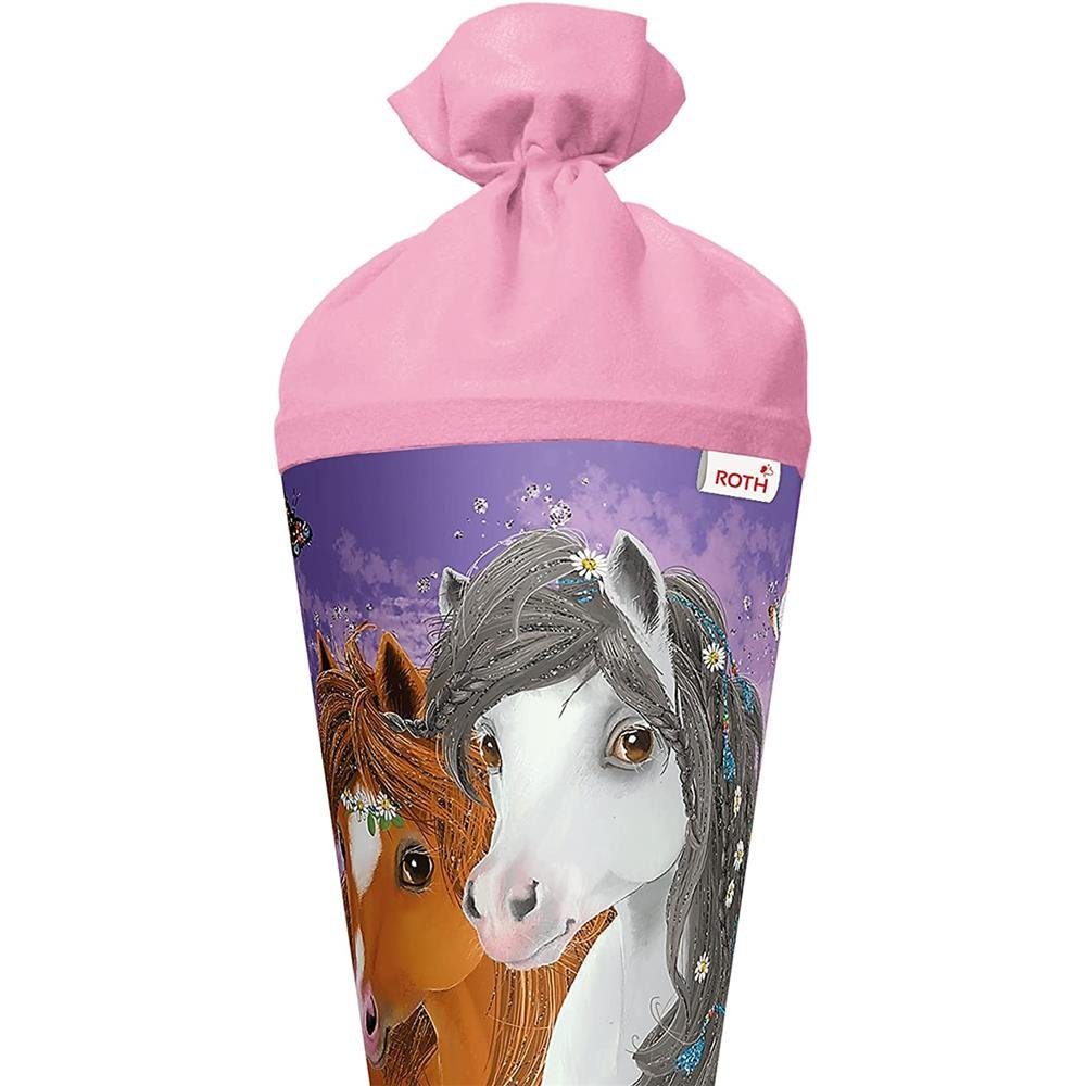 Roth Schultüte Blumenpferde mit Glitter, 70 cm, rund, rosafarbiger Filzverschluss, Zuckertüte für Schulanfang