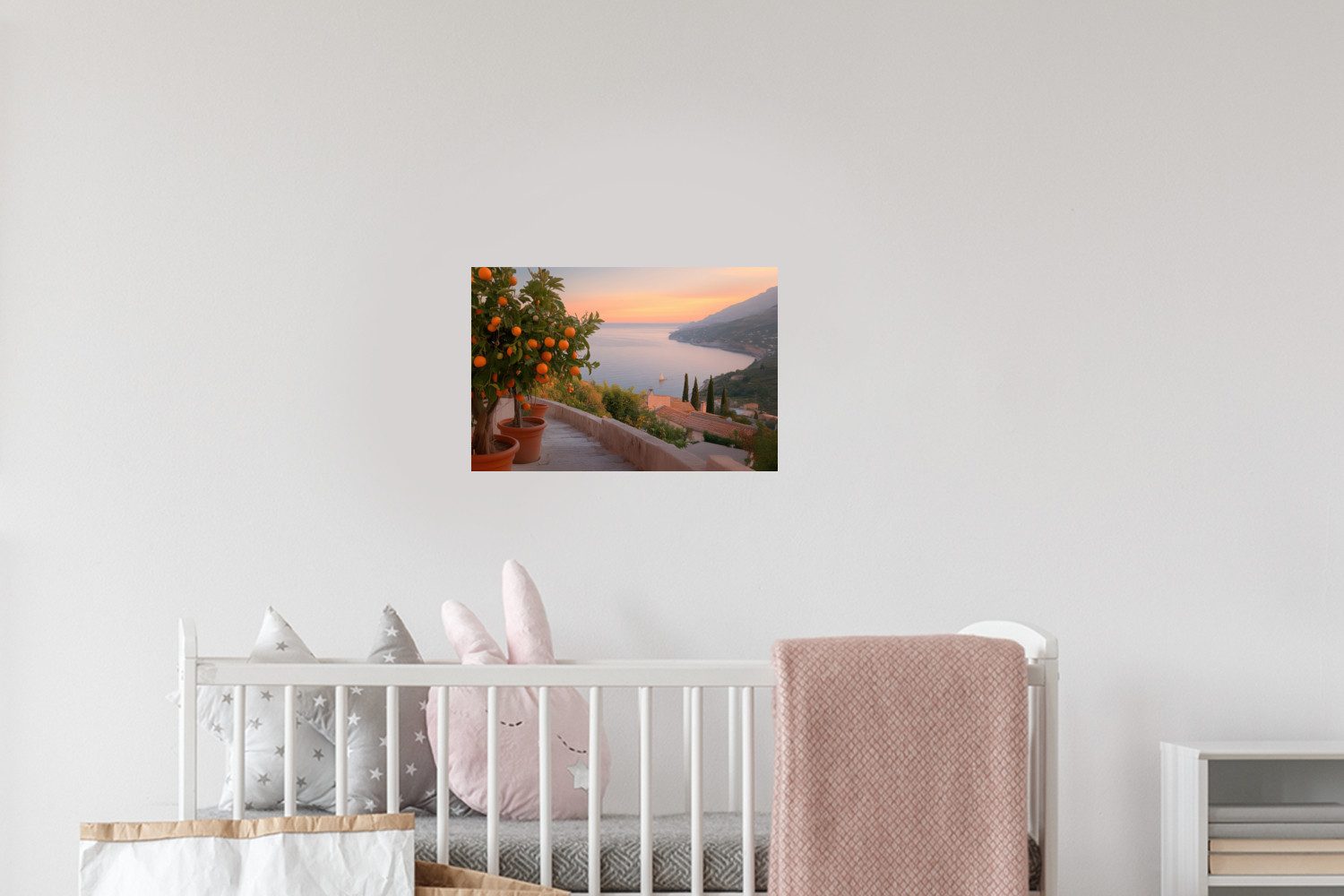 MuchoWow Wandsticker Mittelmeer - Orange - Hügel - Meer (1 St), Wandtattoo, Selbstklebend, Wohnzimmer, 30x20 cm