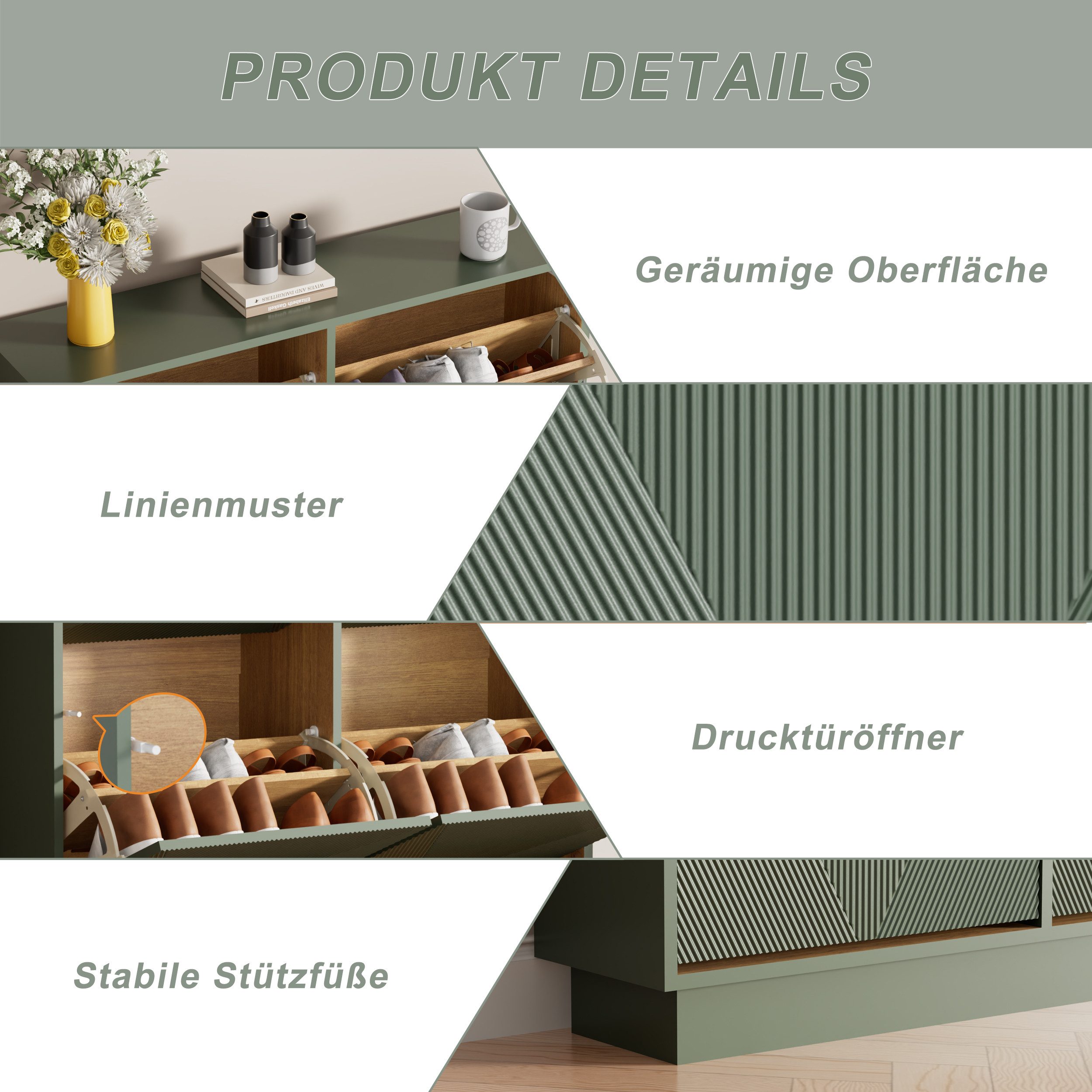 UEV Schuhschrank schmaler Schuhschrank mit 4 Klappen, Schukipper Schuhregal 100x24x91cm Schuhkommode mit Kippschutz & Drucktür & Verstellbarer Trennwände – Bild 5 von 5