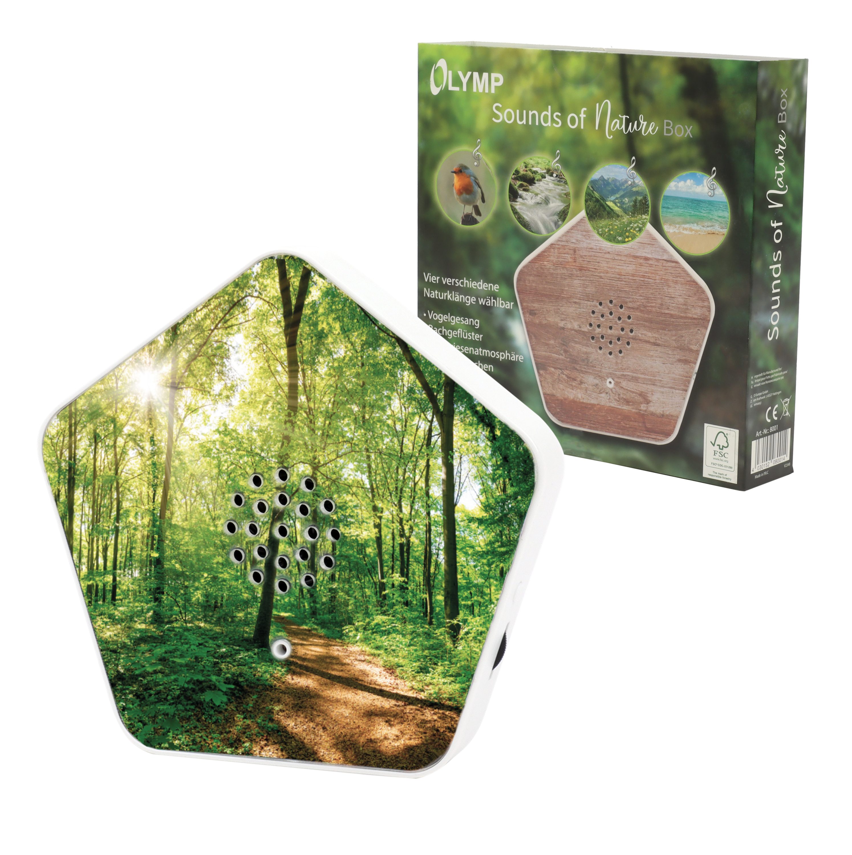 Olympia Dekoobjekt OL8001 "Sounds of Nature Box" (Soundbox / Zwitscherbox), 4 hochwertige Klänge, Bewegungssensor, 12 Wechselmotiven