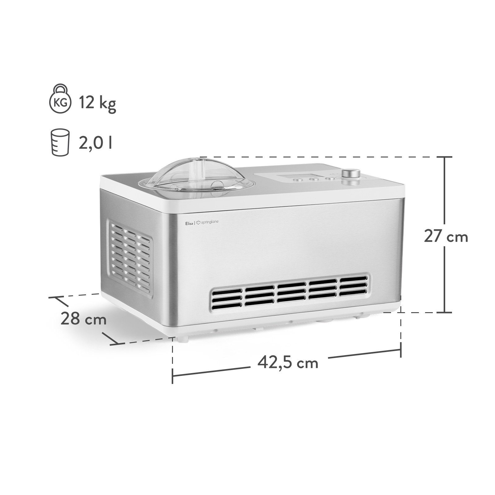 Springlane Eismaschine & Joghurtbereiter Elisa, 2,00 l, 220,00 W, mit selbstkühlendem Kompressor, entnehmbaren Eisbehälter