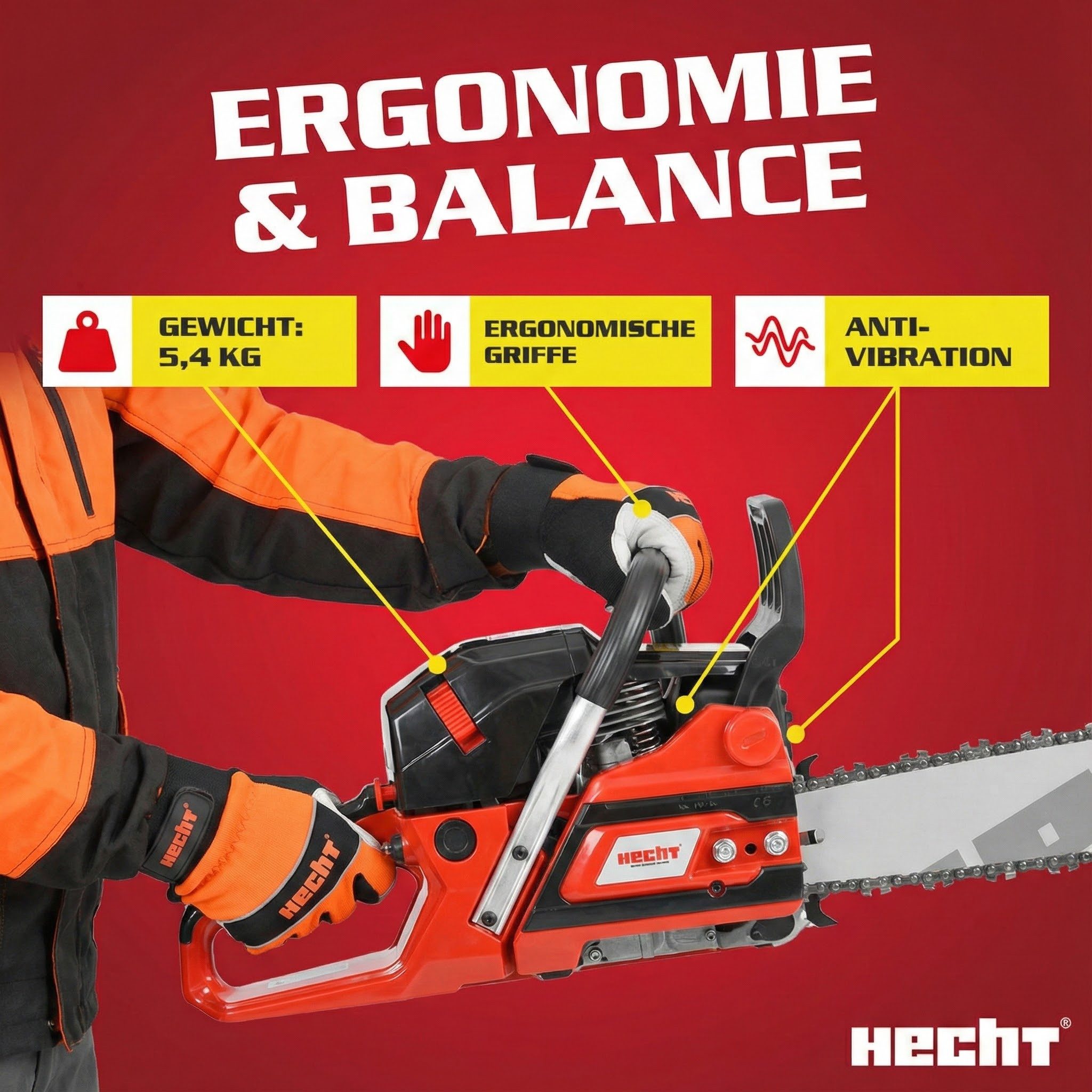 Hecht Benzin-Kettensäge Motorsäge 62, 2,9kW / 4PS, Baumkralle, 25Q72E, 50 cm Schwertlänge, 0,325´´, Umlenkstern, 45 cm Schnittlänge, 5,4 kg – Bild 5 von 5