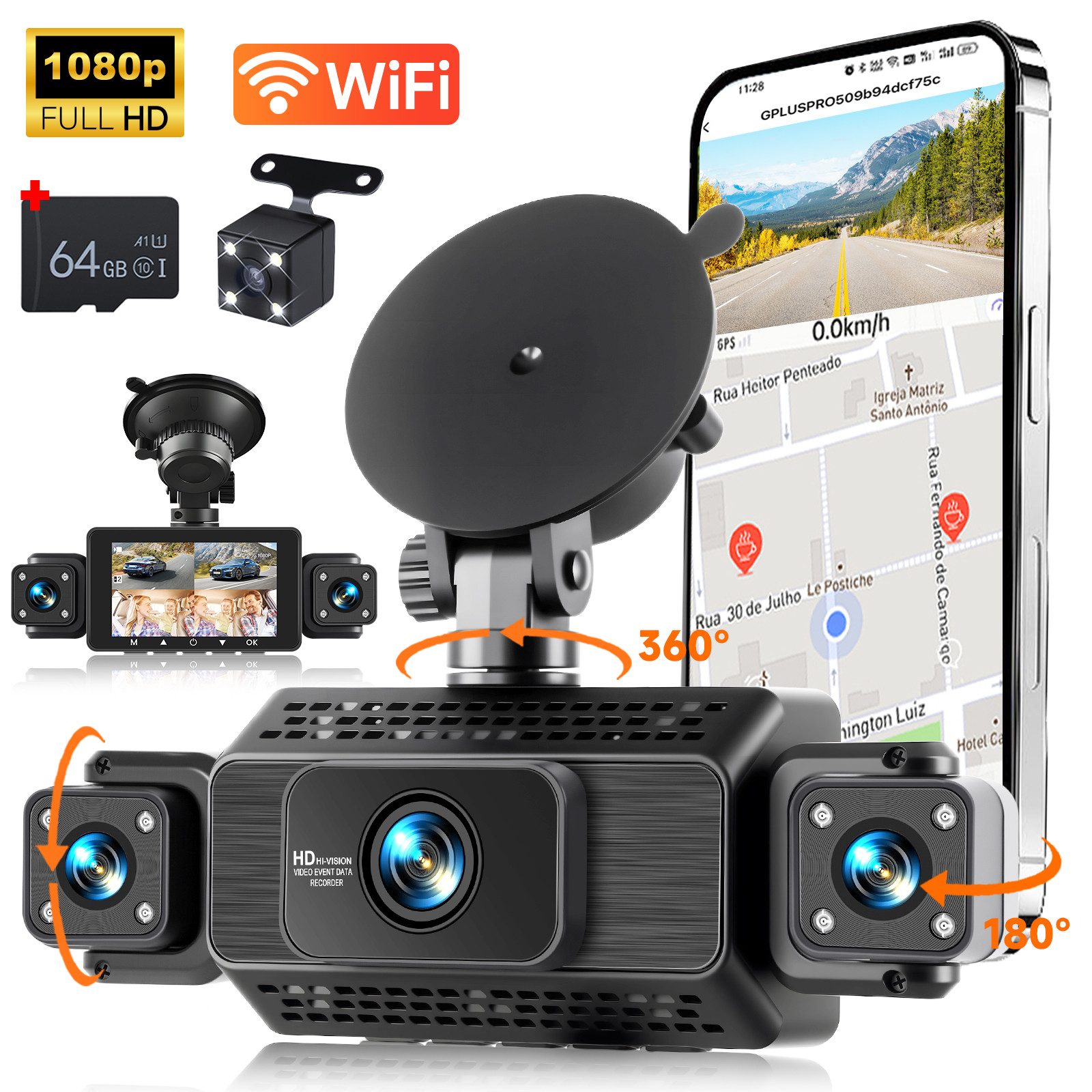 Hikity Auto Dashcam, 3-Zoll HD 1080P Dashcam 4 Linsen Wi-Fi, Auto kamera Dashcam (HD, G-Sensor, Nachtsicht, Loop-Aufnahme)