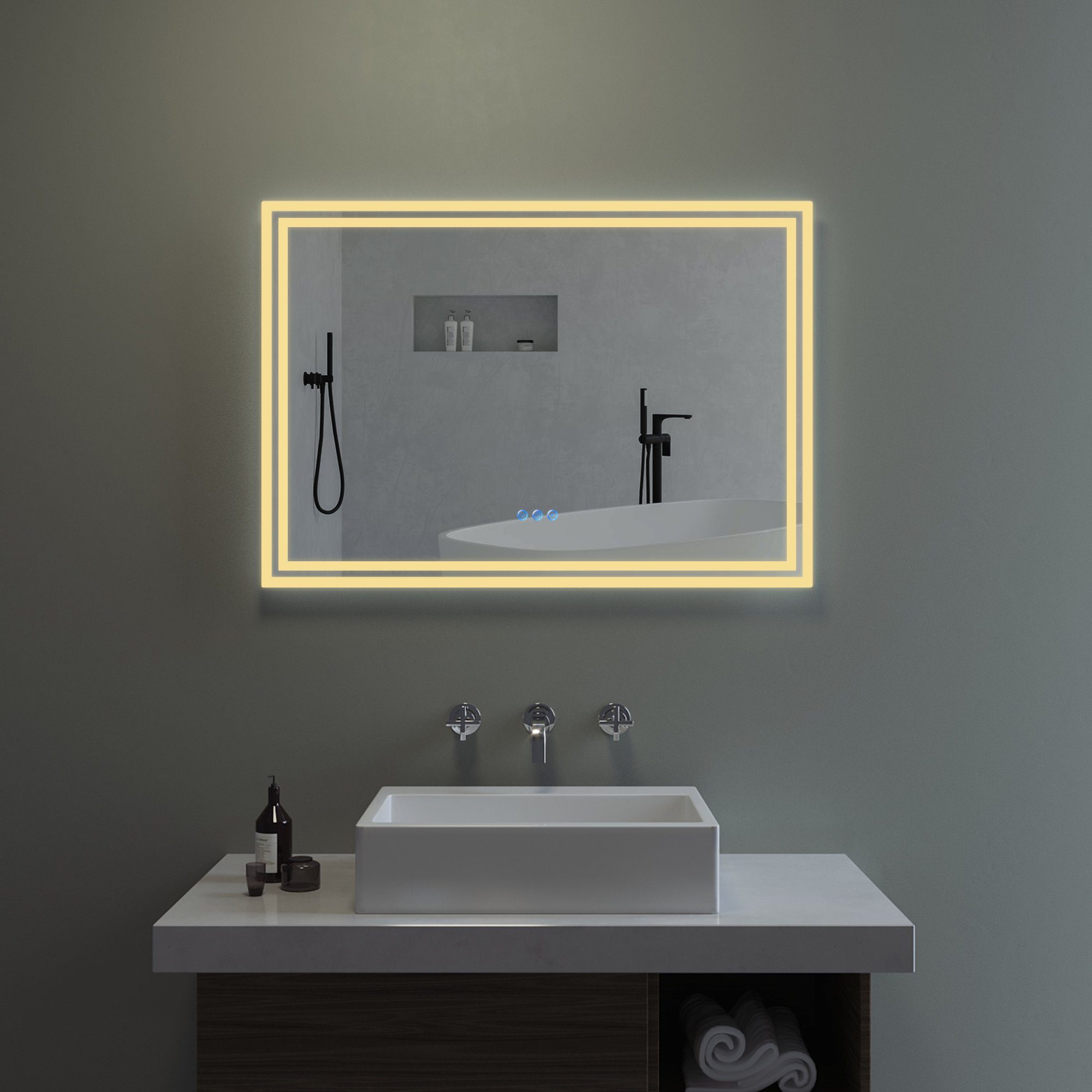 AQUABATOS Dimmbar Energiesparend Warmweiß Beleuchtung 140x70cm), beleuchtet Badspiegel LED-Lichtspiegel Kaltweiß Spiegelheizung Touch mit 80x60cm Lichtspiegel (Badezimmerspiegel Schalter LED Wandspiegel 100x70cm