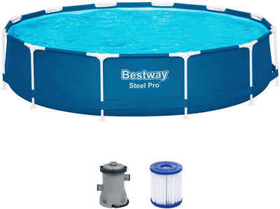 Bestway Framepool Steel Pro™ (Set), Frame Pool mit Filterpumpe Ø 366x76 cm, dunkelblau