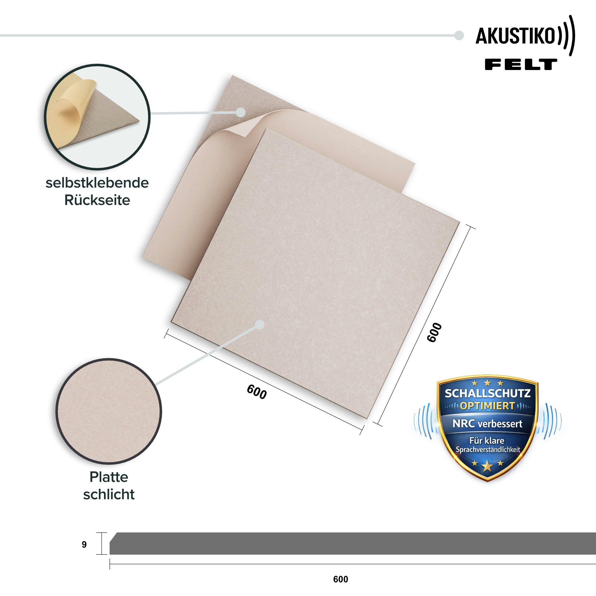AKUSTIKO Schallschutzpaneel, (Selbstklebend 60x60cm - 1 Stück Beige Akustik Wandpaneele Schallschutz & Raumakustik Panels Filz 9mm Hexim Decken- & Wandverkleidung Innenraum Ruhe (0.36m)
