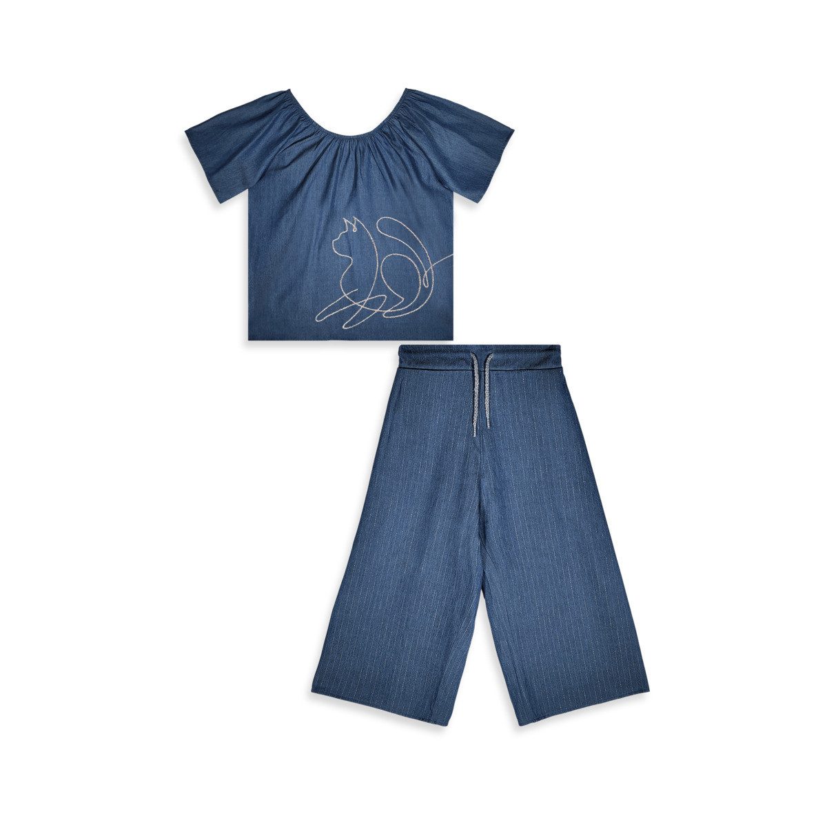 Denokids T-Shirt Set Denim Look Silver Cat Mädchen (1-tlg) Outfit-Set, Bekleidungsset, Kombi-Set, 2er-Set, Mini Set