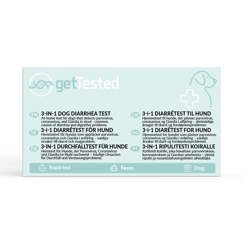 GetTested International AB Unverträglichkeitstest 3-in-1 Durchfalltest Hund – CPV/CCV/Giardia, 3 Messparameter, Testkit, 1-tlg., CPV/CCV/Giardia Test für Hunde, 3-in-1 Durchfalltest für Hunde