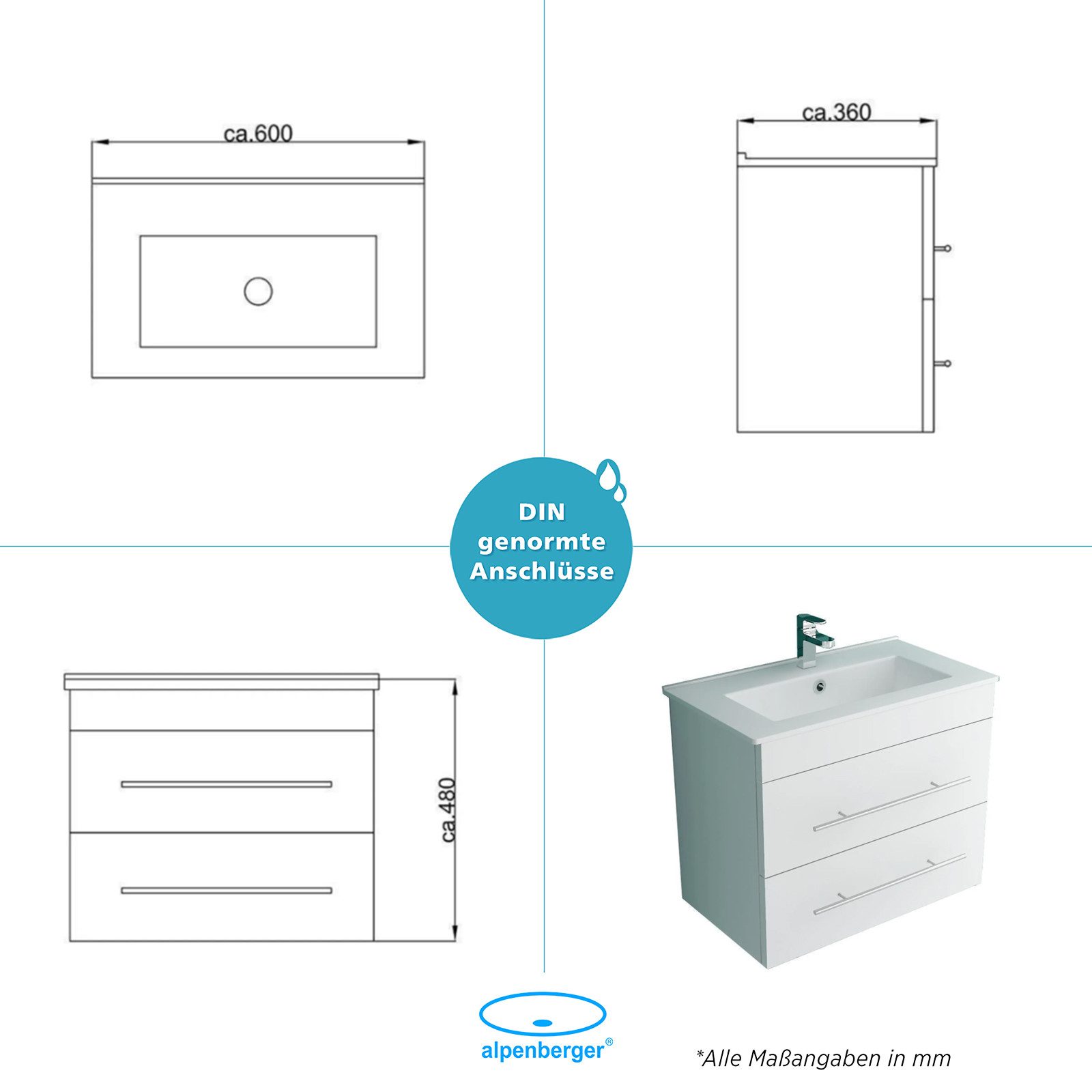 Alpenberger Waschbecken mit Unterschrank 60 cm Breit - Badschrank Badmöbel Set Weiß (Vormontiertes Komplett-Set - Waschplätze, 2-St., 60cm Breit Waschtisch mit Keramikbecken), hygienisch durch Lotuseffekt, Soft-Close Schubladen