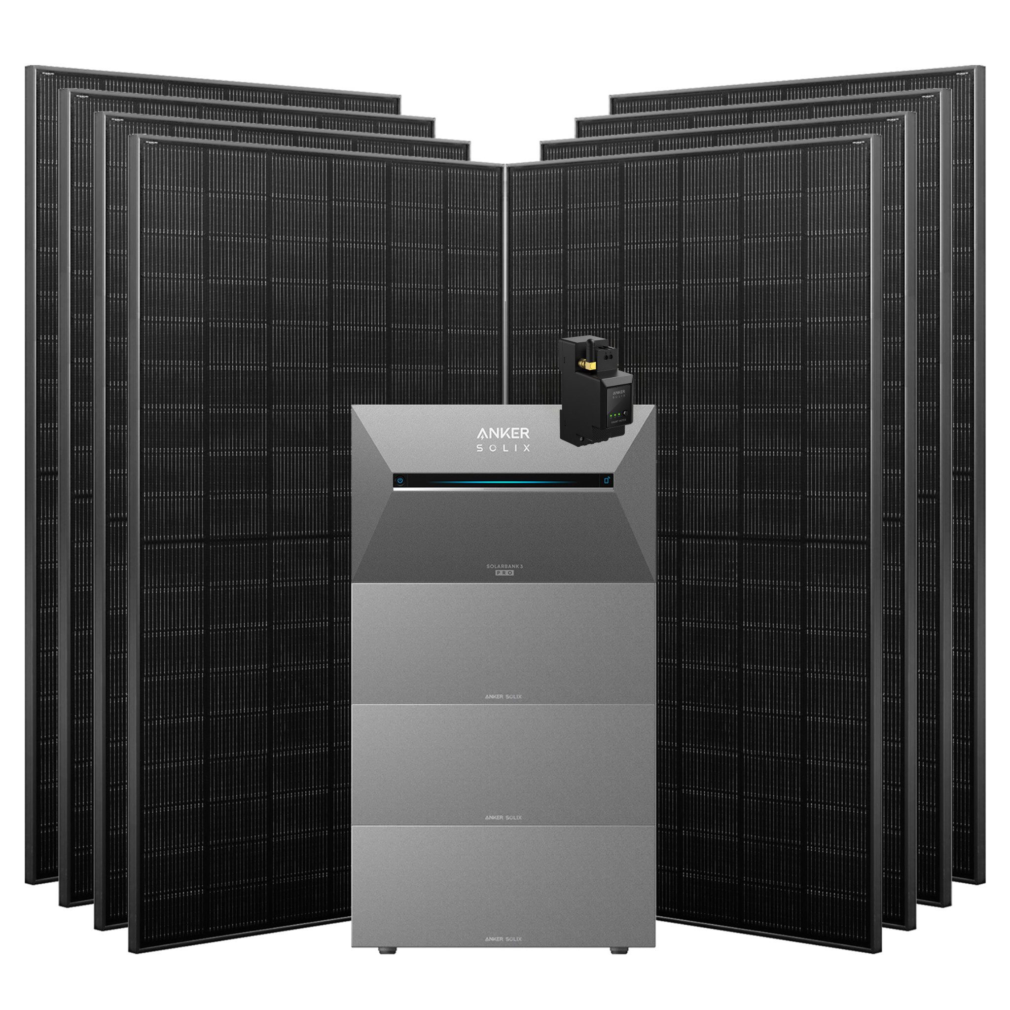 Anker Balkonkraftwerk Solix 3640W Photovoltaikanlage Komplettset mit Solarbank E2700 3 Pro, 3600 W, (Set, 8 *455W Solarmodule+ Anker solarbank 3 Pro / Montageset/BP2700), mit Smart Meter, integriertem Wechselrichter, Wifi, Bluetooth, IP65