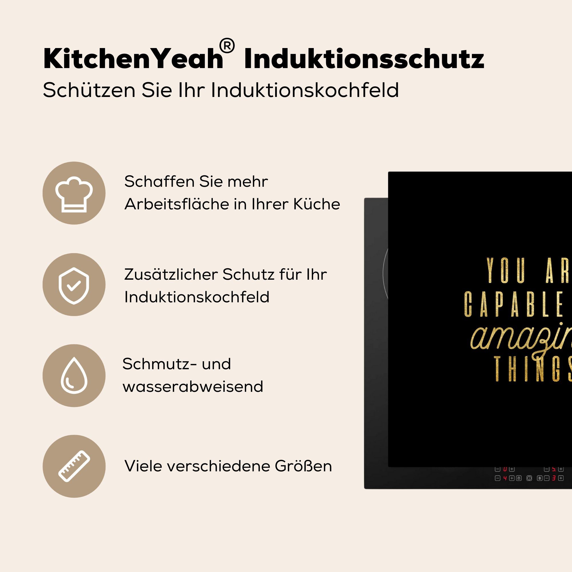 MuchoWow Herdblende-/Abdeckplatte Zitate Selbstvertrauen küche - tlg), Ceranfeldabdeckung, Vinyl, Schwarz, für cm, Arbeitsplatte Gold (1 78x78 - 