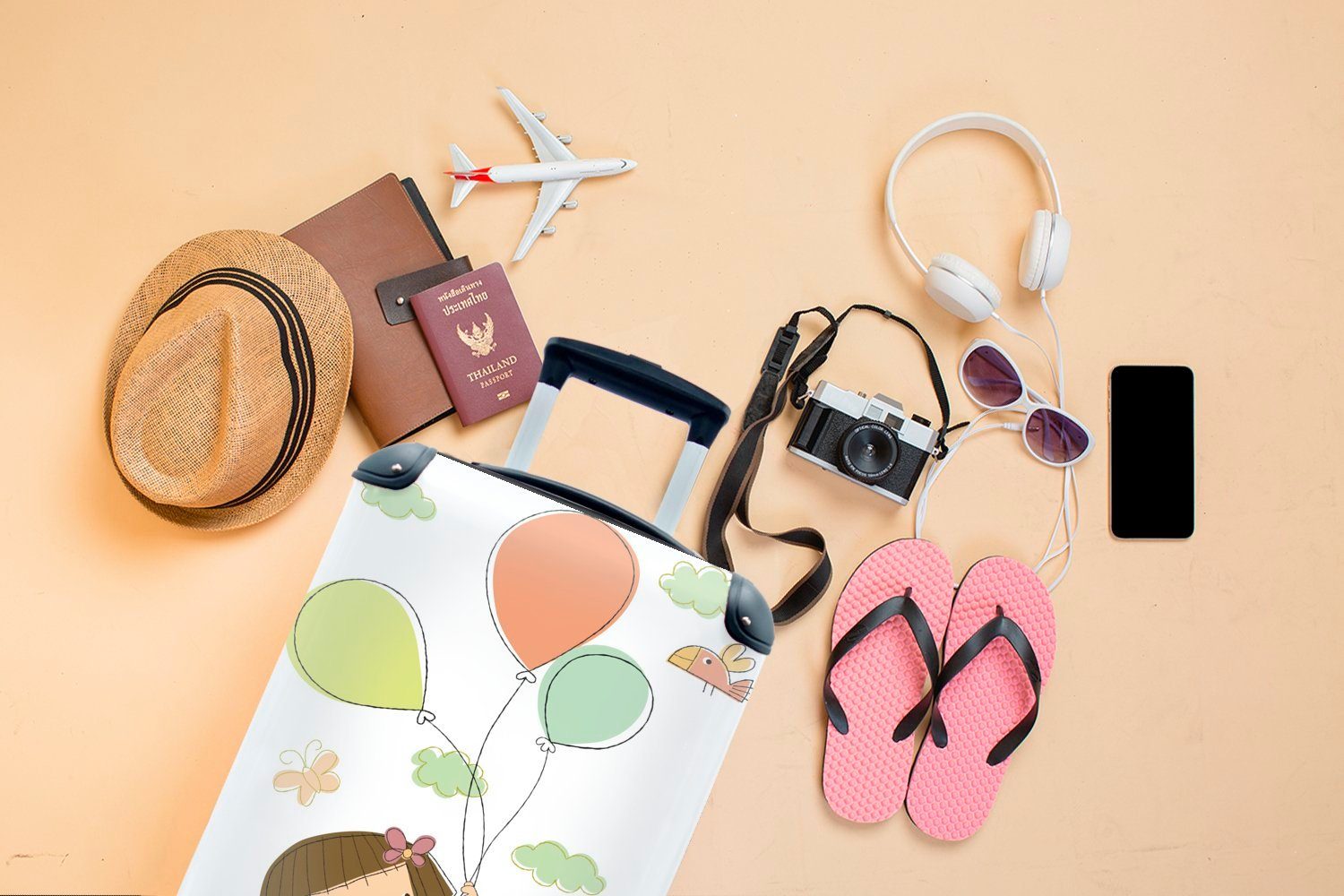 MuchoWow Handgepäckkoffer Eine 4 Handgepäck mit gezeichnete Reisekoffer Mädchens rollen, mit eines Trolley, für Reisetasche Luftballons, Ferien, Rollen, Illustration
