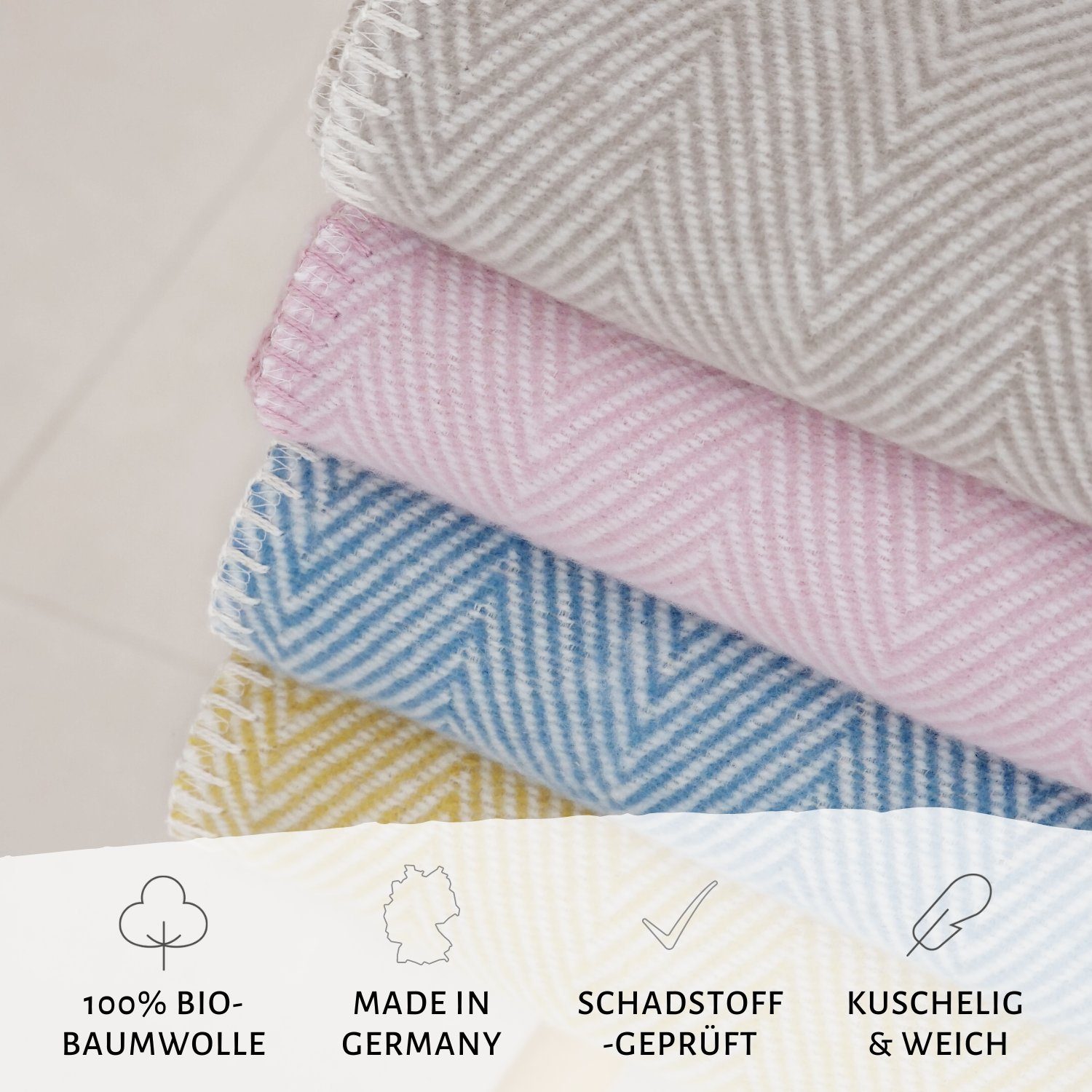 OEKO-TEX Baumwolle nachhaltiger Bio- Finn Made aus Germany, weicher gelb Kuscheldecke RIEMA aus Sofadecke 100% 140x200cm, - leichte Bio-Baumwolle - Germany Wolldecke in