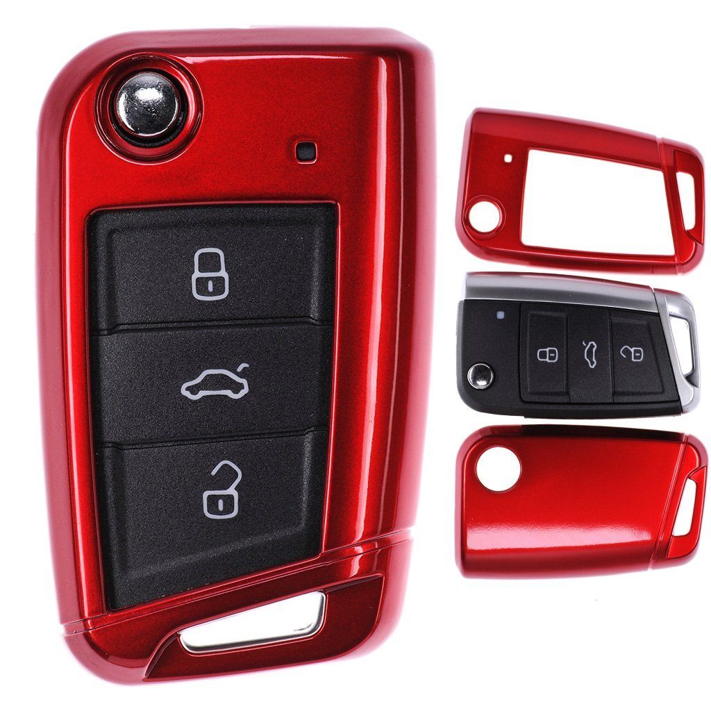 mt-key Schlüsseltasche Autoschlüssel Hardcover Schutzhülle Metallic Rot, für VW Golf 7 Polo Seat Leon Skoda Superb Octavia Klappschlüssel