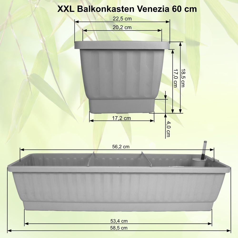 Heimwerkercenter Balkonkasten XXL Balkonkasten cm, Bewässerung 60 cm, wetterfest Kunststoff 22,5 Venezia UV-beständigem mit Länge aus Breite Weiss