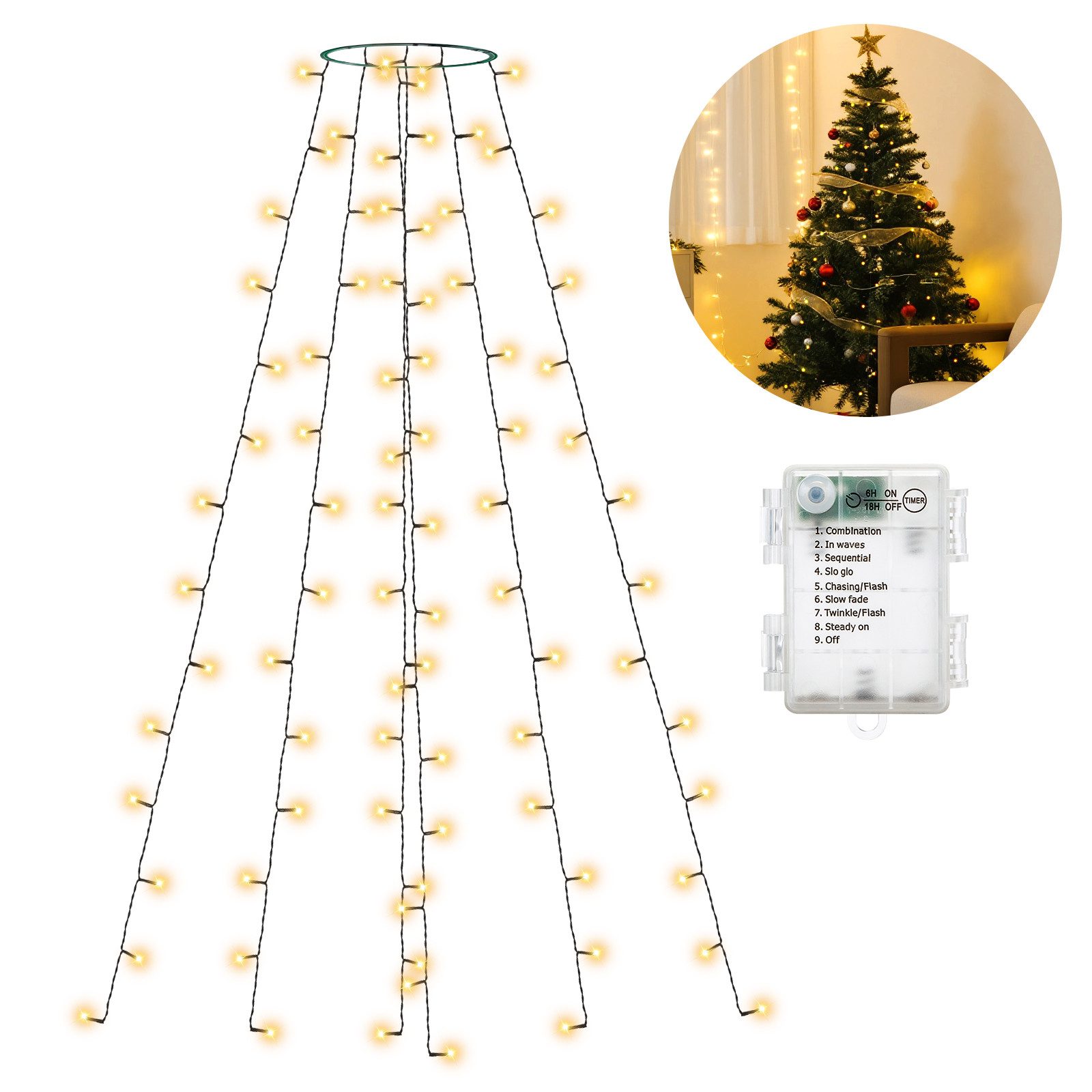 Aigostar LED-Lichtervorhang Lichterkette Weihnachtsbaum mit Batterie 1.8m Warmweiß, IP44, 8 Modi, Timerfunktion