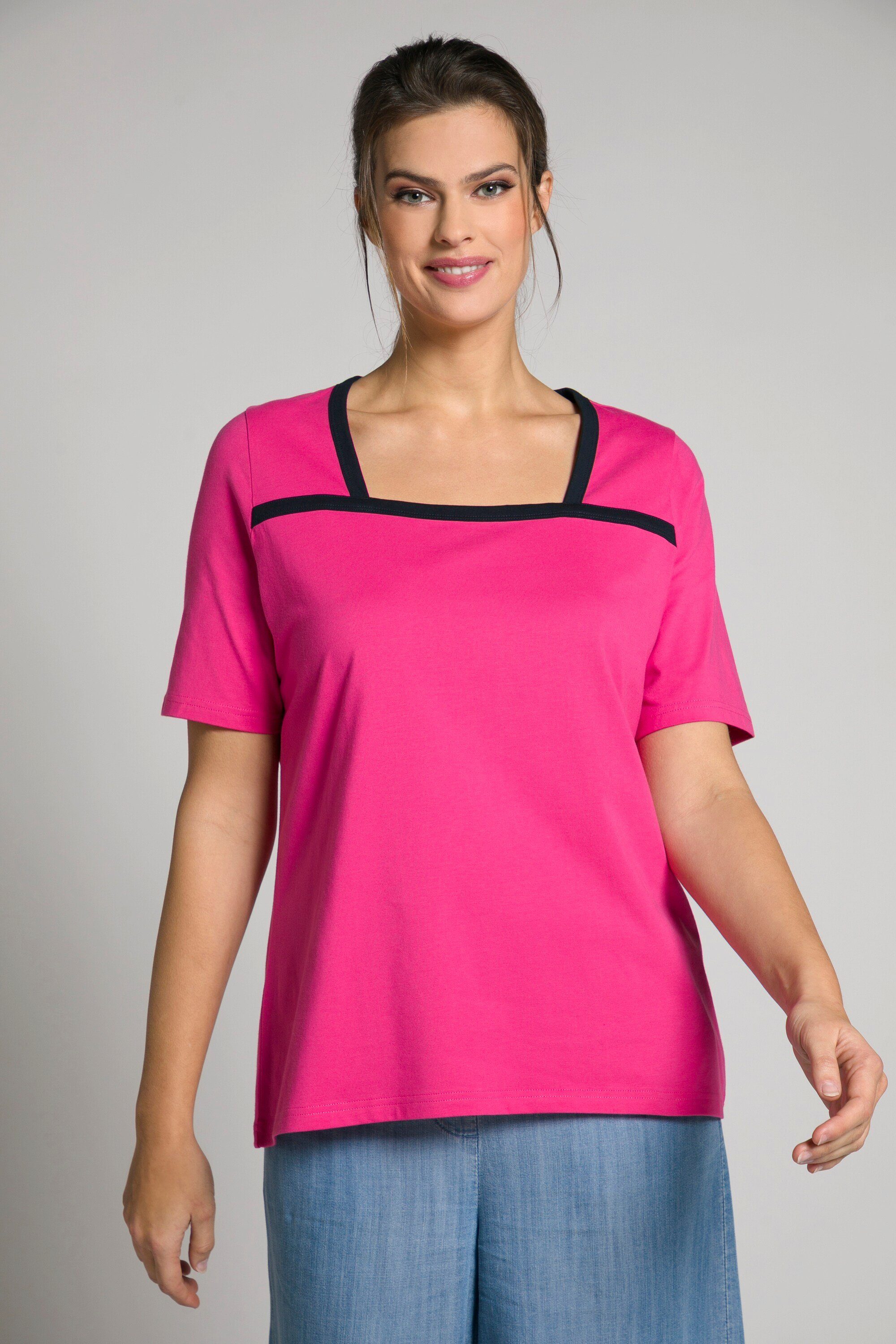 Ulla Popken Rundhalsshirt T-Shirt Zierpaspel Slim Carree-Ausschnitt Halbarm pink