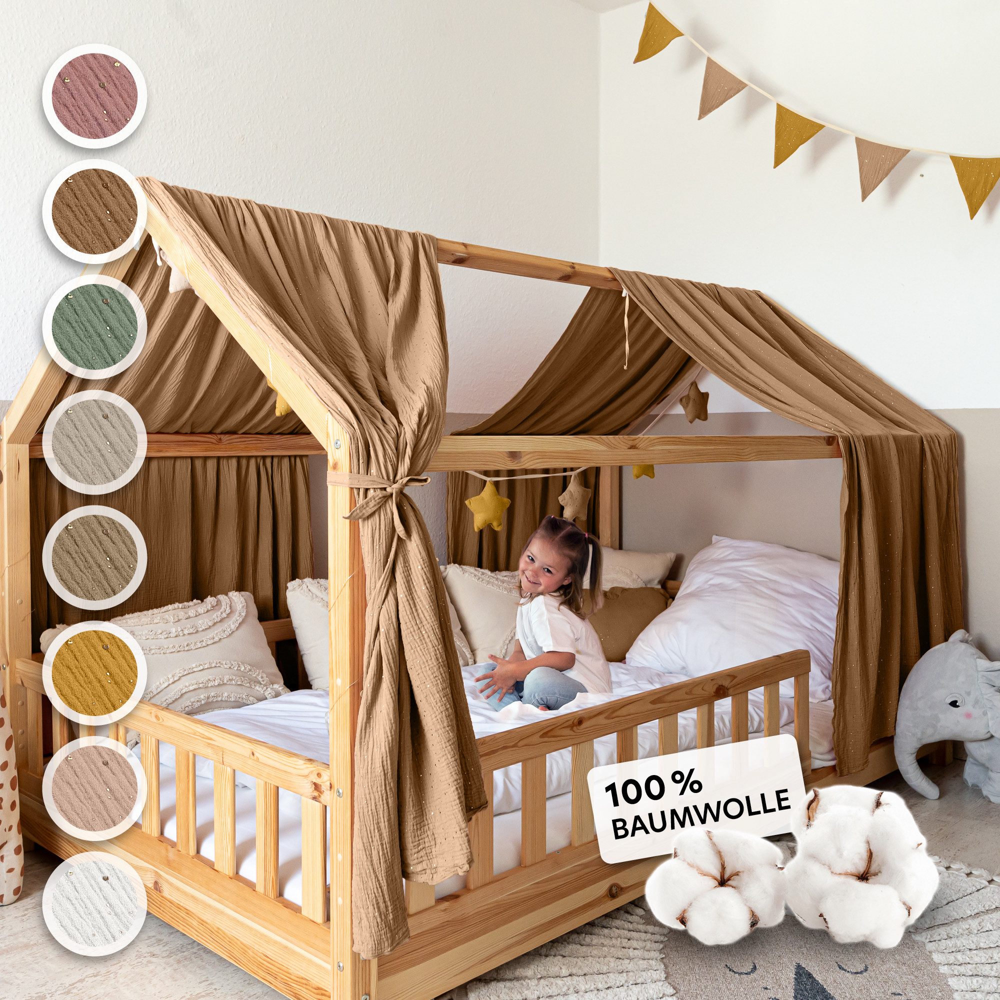 lilimaus Betthimmel Hausbett Himmel Gold aus Musselin - 2er-Set für Kinderbett (1-tlg), 2 Stoffbahnen mit feinen Goldapplikationen - schnell montiert