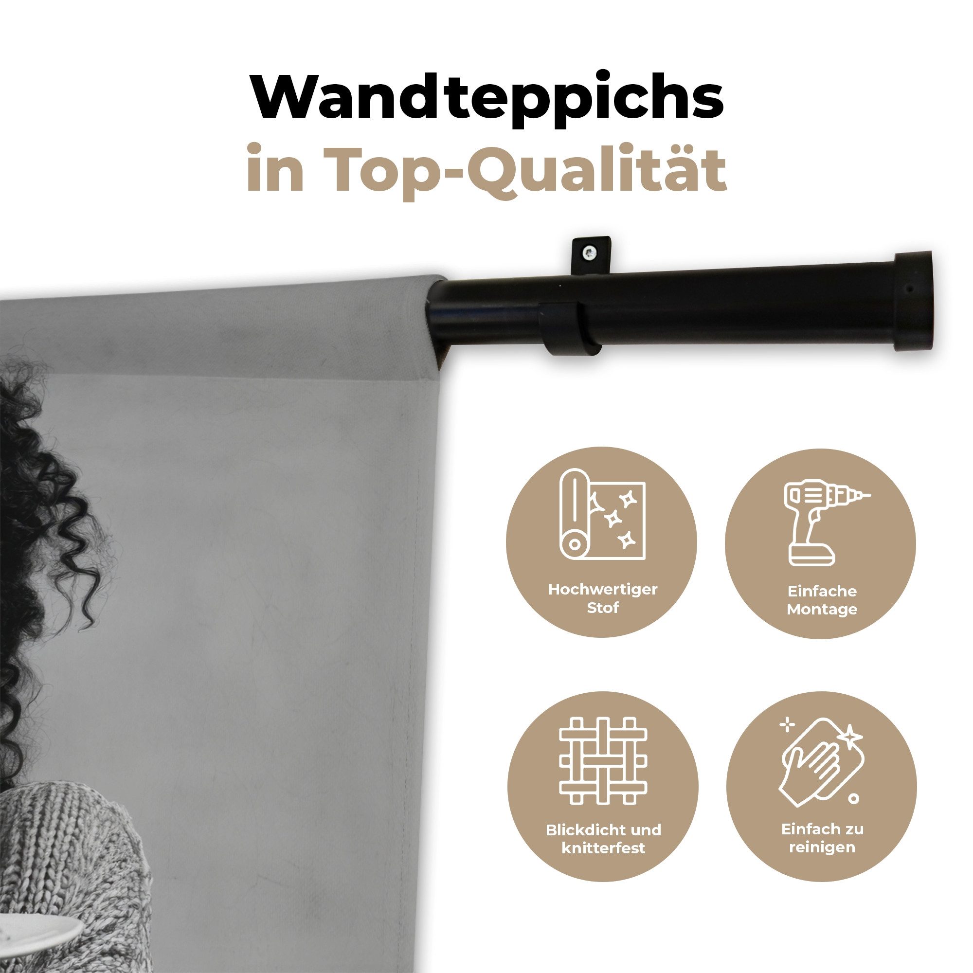 MuchoWow Wandteppich Frau - Nudeln - Schwarz - Weiß, Rechteckig, Höhe: 3 mm, Wandteppich für Wohnzimmer, Schlafzimmer, 60x40 cm