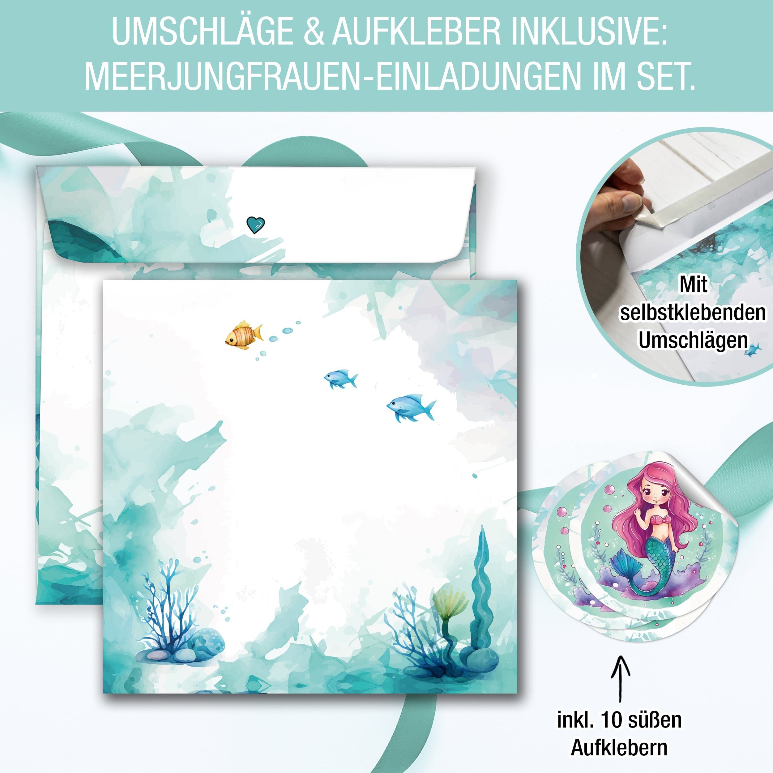 inkl Einladung Kindergeburtstag Meerjungfrau Geburtstag Sticker, Runde TOBJA Grußkarte Mädchen Kinder XXL Umschläge & Einladungskarten