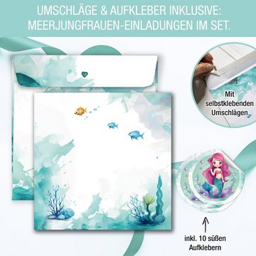 TOBJA Grußkarte 10 Stück Einladungskarte Meerjungfrau groß rund mit Sticker und Umschl, Kindergeburtstag Mädchen Geburtstag Einladung Kinder