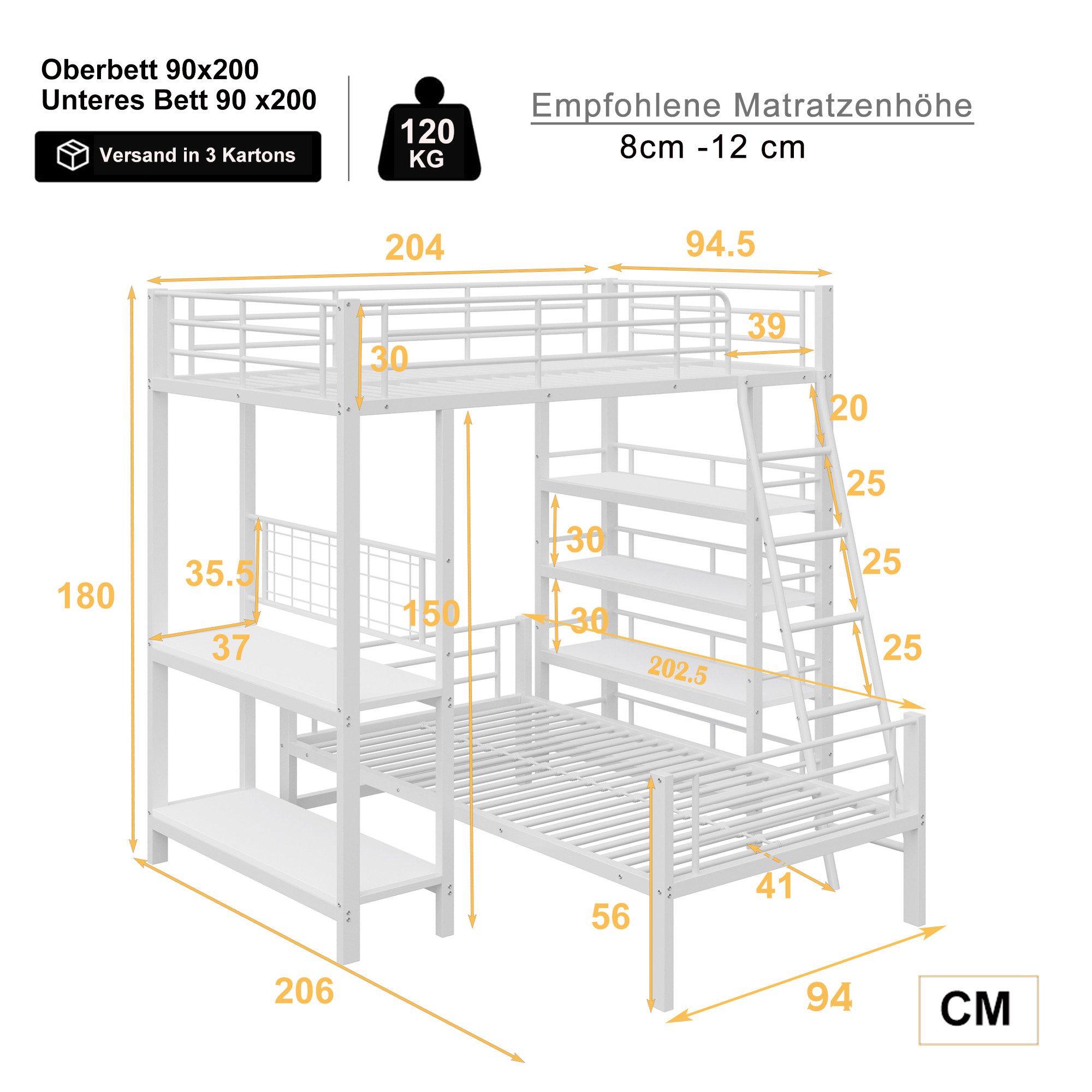 Flieks Etagenbett, Metallbett 90x200cm mit trennbarem Unterbett und Ablagef günstig online kaufen