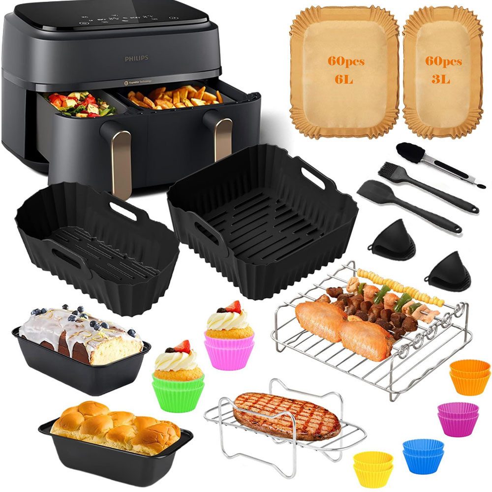 SURFOU Backform Heißluftfritteuse zubehör für Philips airfryer zubehör 28-tlg BPA-frei, (29-tlg Heißluftfritteuse Zubehör Set für Philips Airfryer Dual Basket 3000/5000 Serie(z. B. NA350/00, NA352/04), und Tefal EY9018 Dual Easy Fry, und die meisten Dual